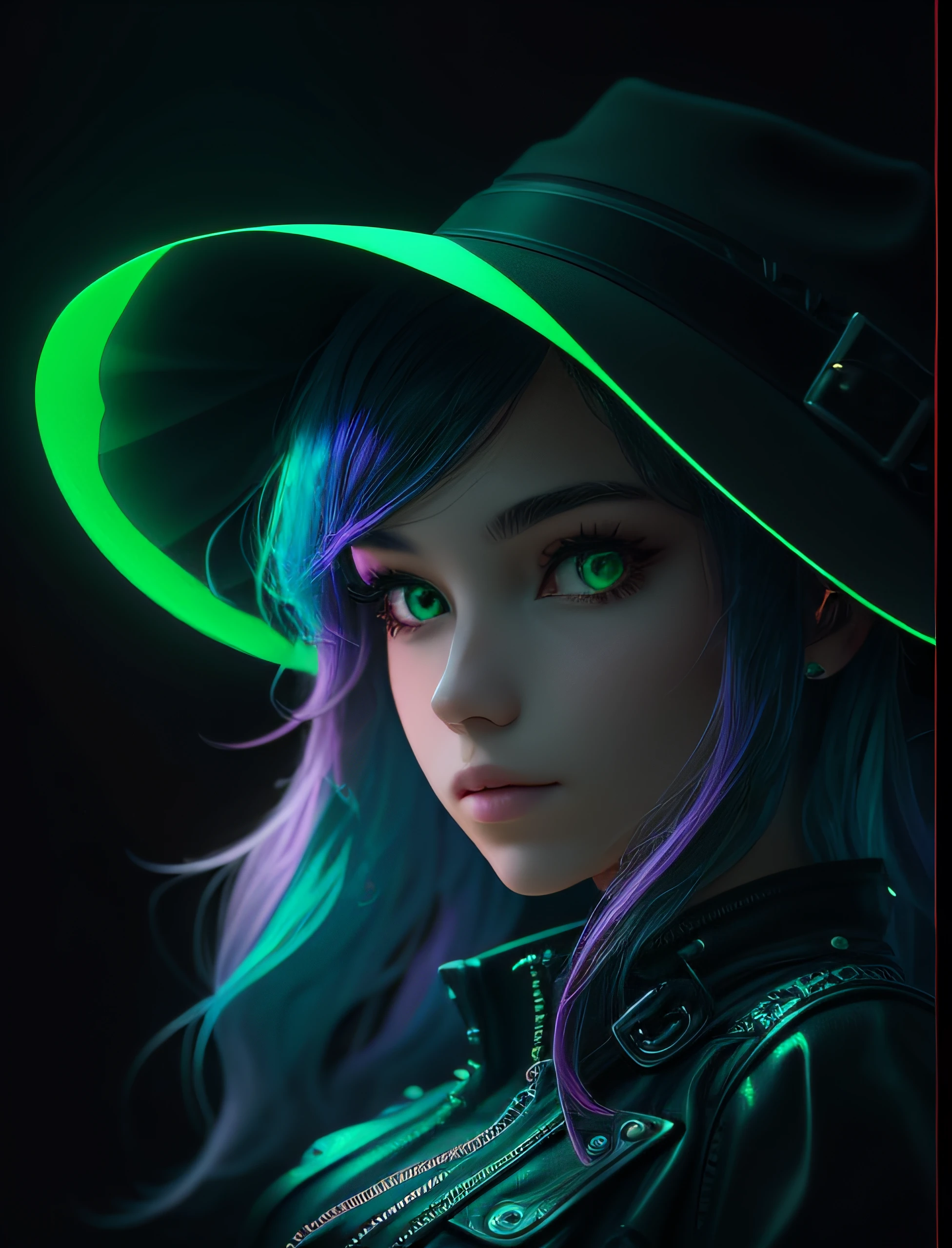 Black hat，fashionable girl，20yr old，looks into camera，Bust photo，cyber punk perssonage，with black background，fluorescent green，OC rendering，3D，Portrait photography --ar 3:4 --niji 5 --s 2