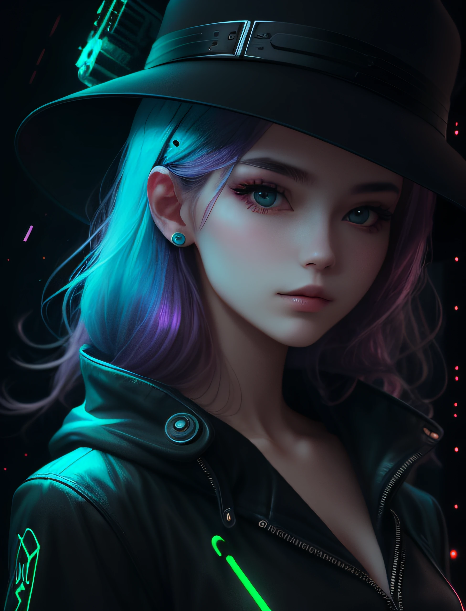 Black hat，fashionable girl，20yr old，looks into camera，Bust photo，cyber punk perssonage，with black background，fluorescent green，OC rendering，3D，Portrait photography --ar 3:4 --niji 5 --s 2