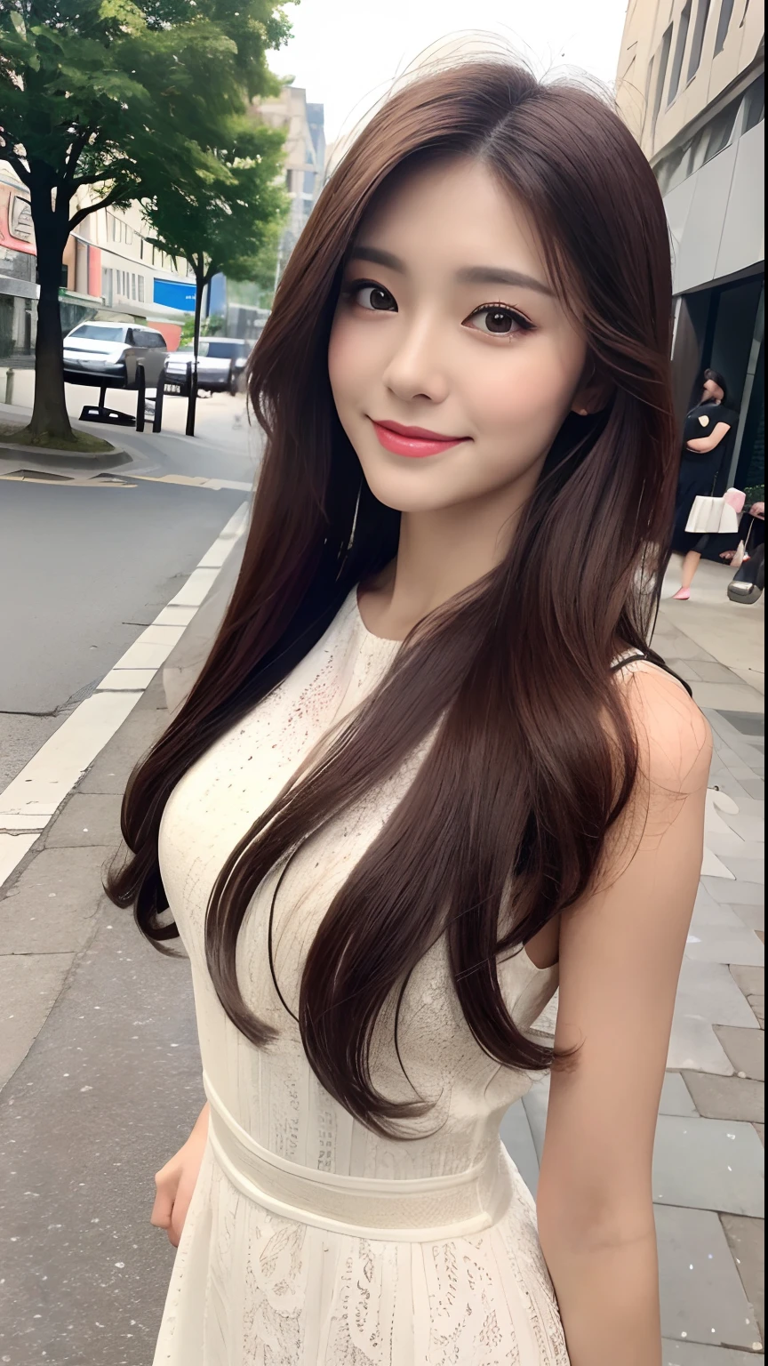 ((Best Quality, 8K, Masterpiece: 1.3)), 1 girl, smile, full body, slim face, pretty woman, (dark brown hair), full length white dress :1.1, super detailed face, detailed eyes, double eyelids, blurred background, slim face, city, outside, street,