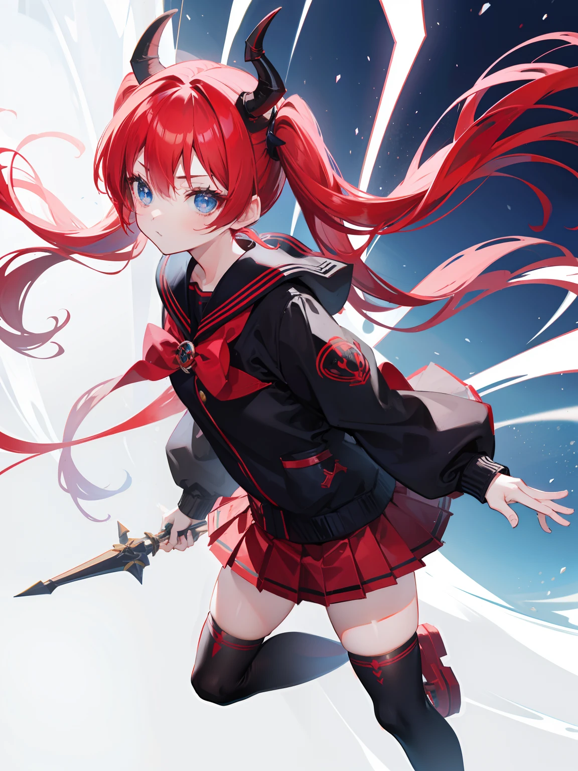 red hair, blue eyes, twintails, Sailor suit,black coat, Dragon horns,Pleated skirt,solo,li,cute,bow
