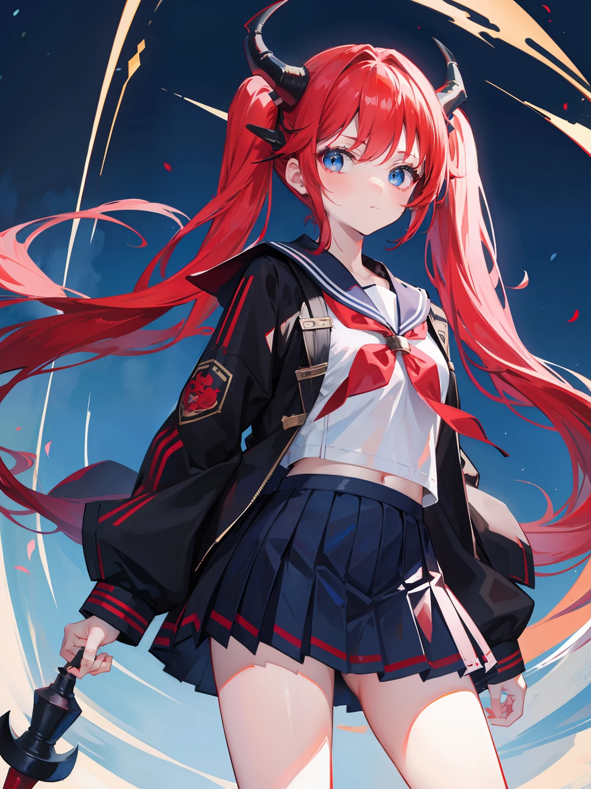 red hair, blue eyes, twintails, Sailor suit,black coat, Dragon horns,Pleated skirt,solo,loli,cute,bow
