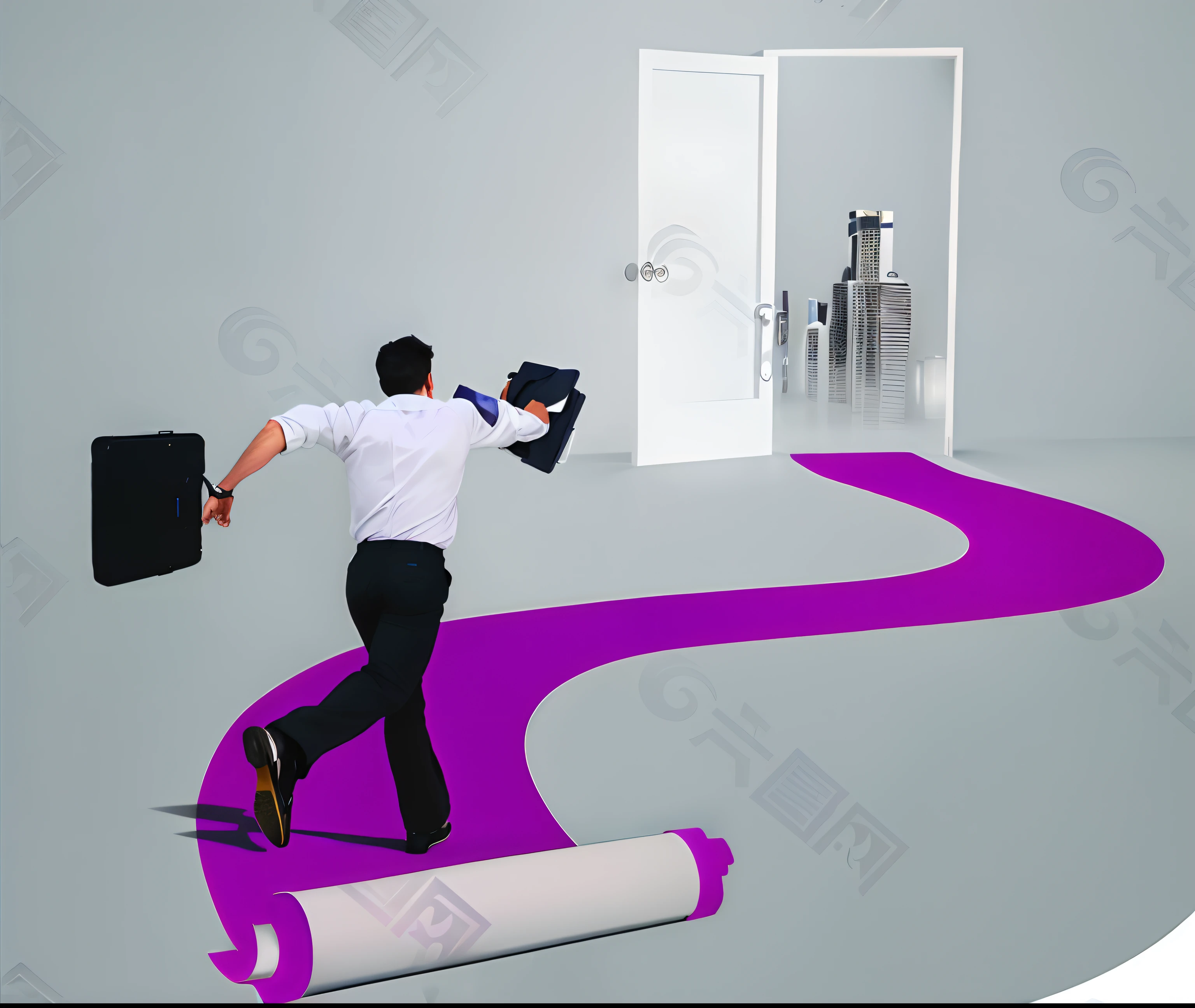 The man ran to the door with a briefcase and a purple carpet, advertising photograph, leaving a room,