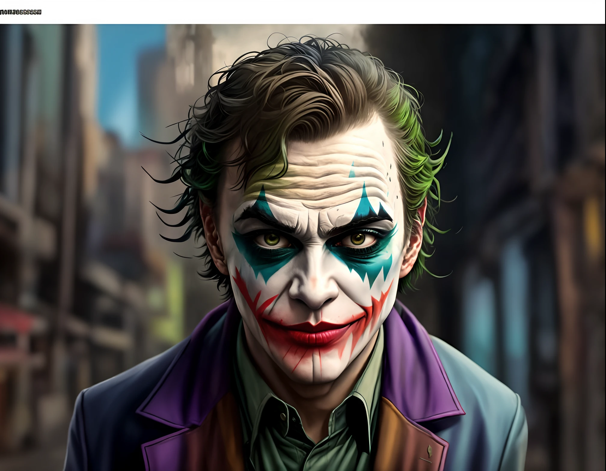Coringa vestindo uma jaqueta de pano laranja desbotada, cidade deserta ao fundo empoeirada.