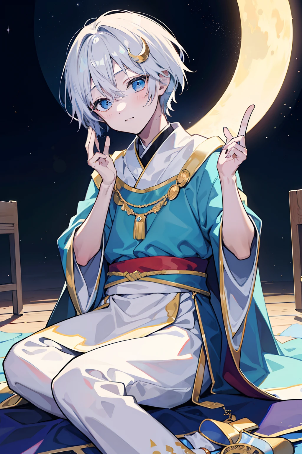 (top-quality、​masterpiece)、(1boy、独奏、Physical education sitting、watching at viewers、)One boy sitting on a crescent moon、Dressed in national costume、ear ornament、Dressed in a traditional poncho、Mash、magic carpet、Physical education sitting、Very beautiful starry sky background、a moon、glinting、optic、lanthanum、Dynamic