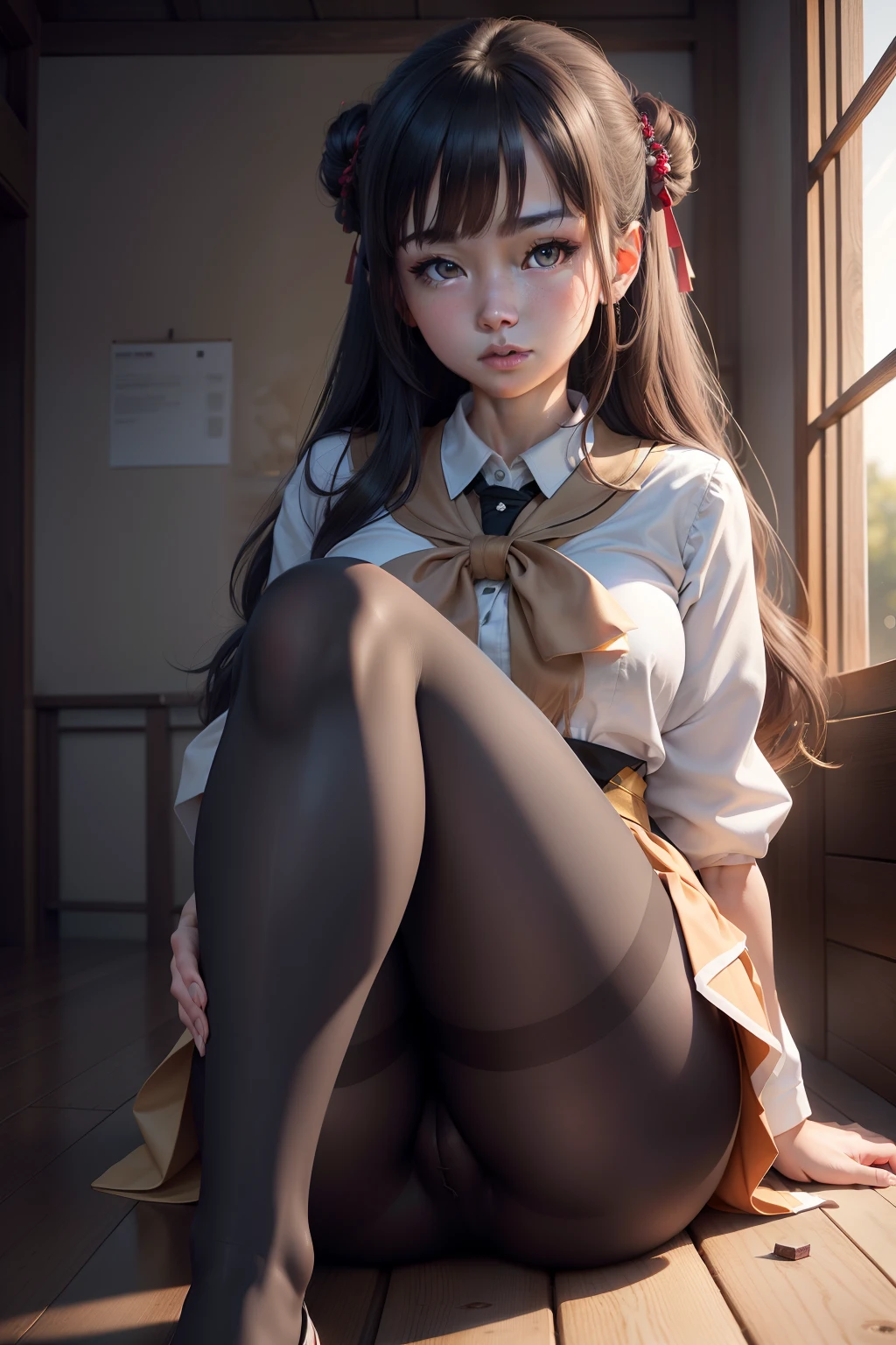 ulzzang-6500-v1.1, (raw photo:1.2), (photorealistic:1.4), beautiful detailed girl, very detailed eyes and face, beautiful detailed eyes, ridiculous, incredibly ridiculous, huge file size, super detailed, high resolution, very detailed, best quality, masterpiece, kemomimi, ((Japanese girls' high school uniform)), illustration, very detailed, CG, unified, 8k wallpaper, amazing, Fine details, masterpiece, best quality, very detailed CG uniform 8k wallpaper, light on face, cinematic lighting, 1girl, , ((no panties)), ((dynamic pose))), (camel toe), (half), (pantyhose), (knee-bending leg sitting))