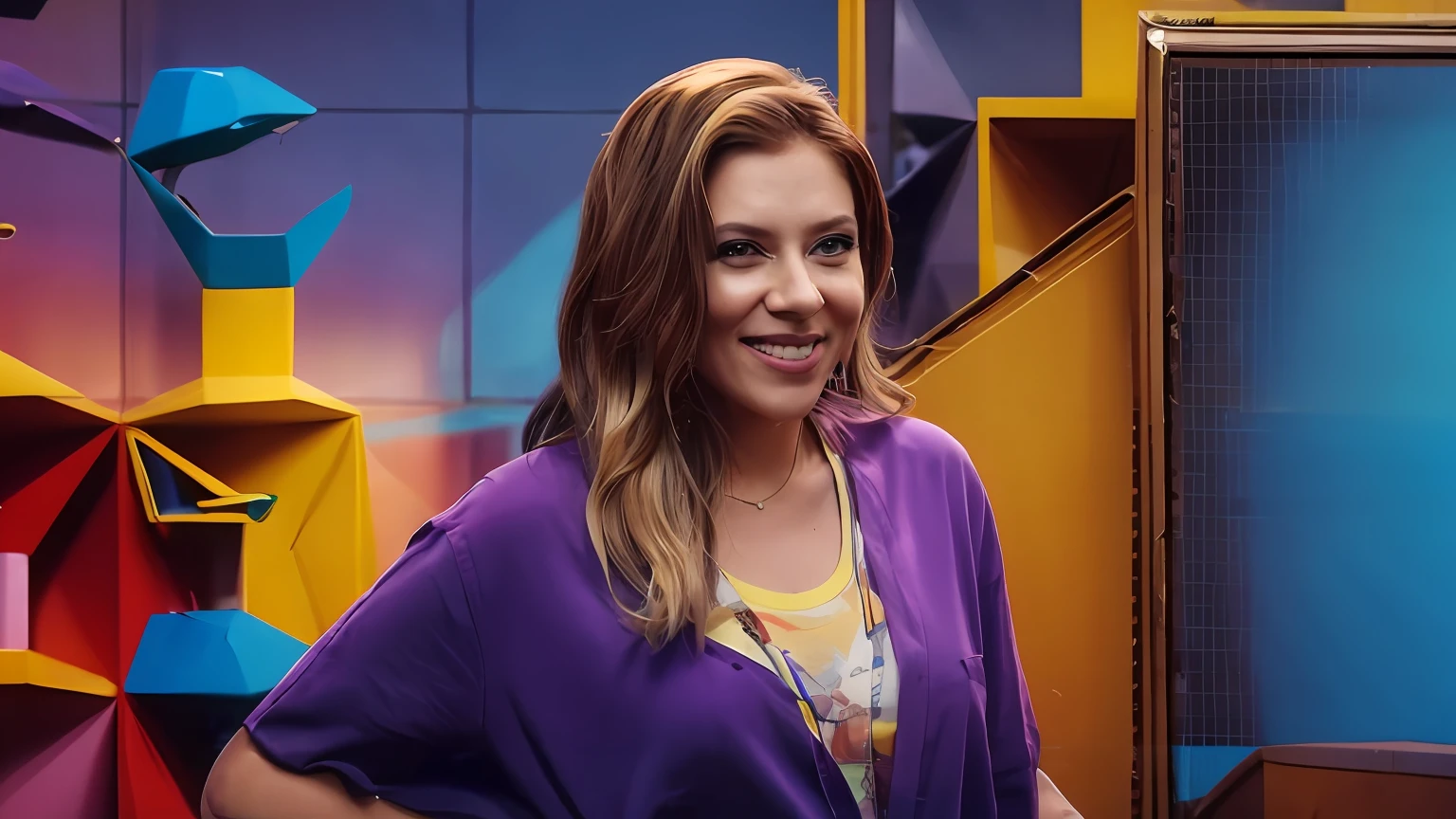 Araffe woman in a yellow shirt standing in front of a blue and purple background, Carola Rubio, Mirka Andolfo, Lorena Avarez, fernanda suarez, Marischa Becker, Kimberly Asstyn, Tessgarman, Jaqueline E, 🦩🪐🐞👩🏻🦳, Directed by: Meredith Dillman, Karla Ortiz