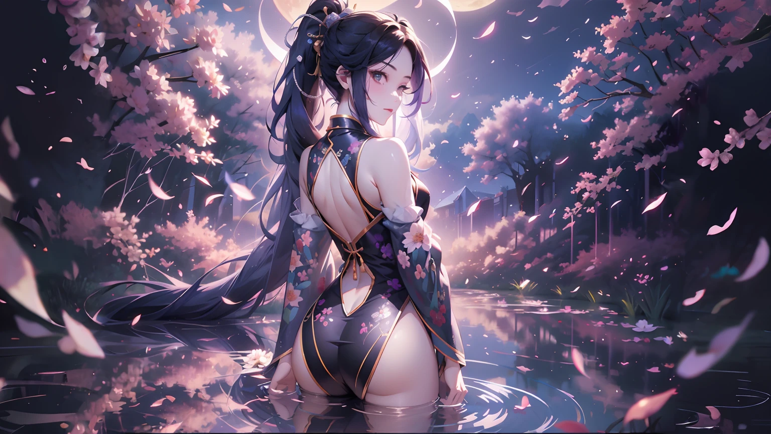 solo, beautiful female, wuxiaworld, Ancient Chinese Articles of Clothing, ancient customs, wind blow, blossom, pond, night, moon relection in the pond, blue hair, purple hair, ponytail, long hair, lonely, gradient hair, black hair, silver hair, long hair, ray tracing, reflection light, depth of field, from behind, multiple views, panorama, masterpiece, best quality, high details, high quality, ccurate, textured skin, UHD