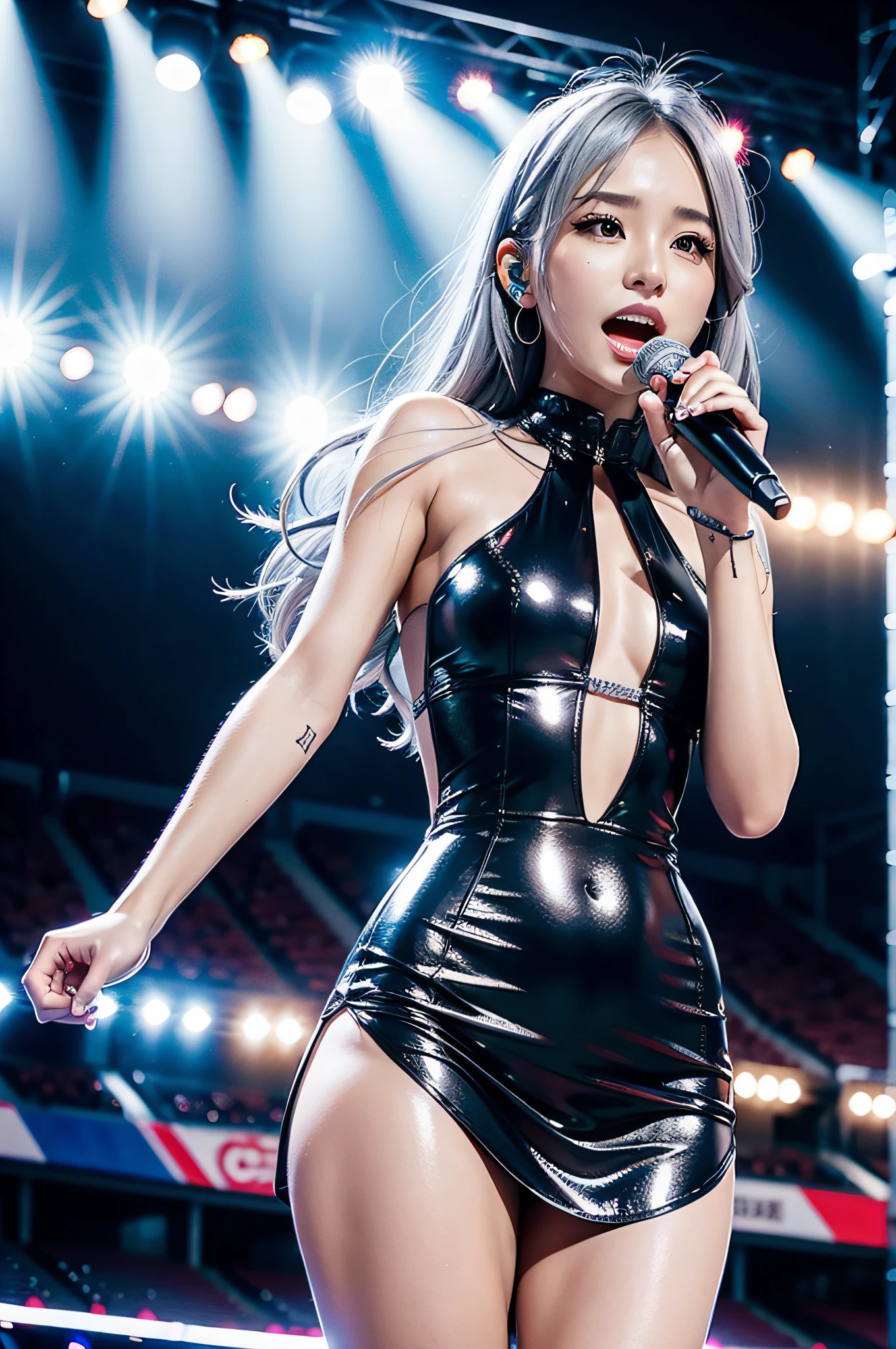 Idol singer, singing in the stadium, many lights, best quality, realistic 1.2, 1 girl, 1 music band, gray hair, detailed upper of body,