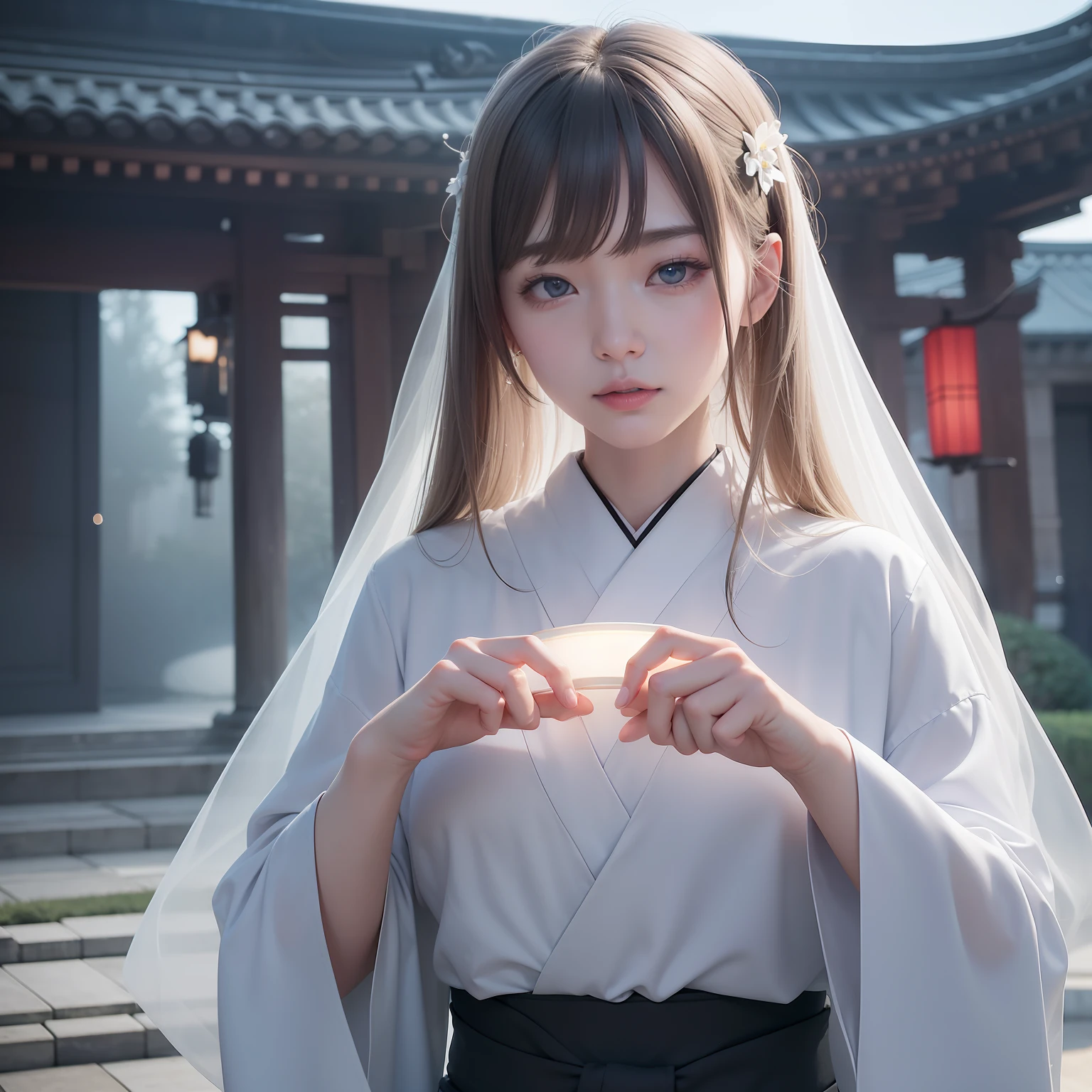 ((top-quality))、((masterpiece))、(ighly detailed:1.3)、nffsw(HighDynamicRange)、Ray traching、NVIDIA RTX、Hyper-Resolution、Unreal 5、Sub-surface scattering、PBR Textures、post processed、Anisotropy Filtering、depth of fields、Maximum sharpness and sharpness、 multi-layer texture、Albedo and specular mapping、Surface Shading、Accurate simulation of light-material interactions、Perfect Ratios、octane renderings、Duotone lighting、Low ISO、White Balance、thirds rule、Large aperture、8K、high efficiency sub-pixel、sub-pixel convolution、Luminescent particles、light scattering、Tindall Effect、ghosts、haunted、one beautiful women、Beautiful facial features、ghosts、Looking at the camera、beautidful eyes、Eyes are double、japanese temples、Ghost of the Japan、Grave、Moonlight at night、Mourning、Scenery with a Japanese atmosphere、White kimono、Human soul、vhorrified、