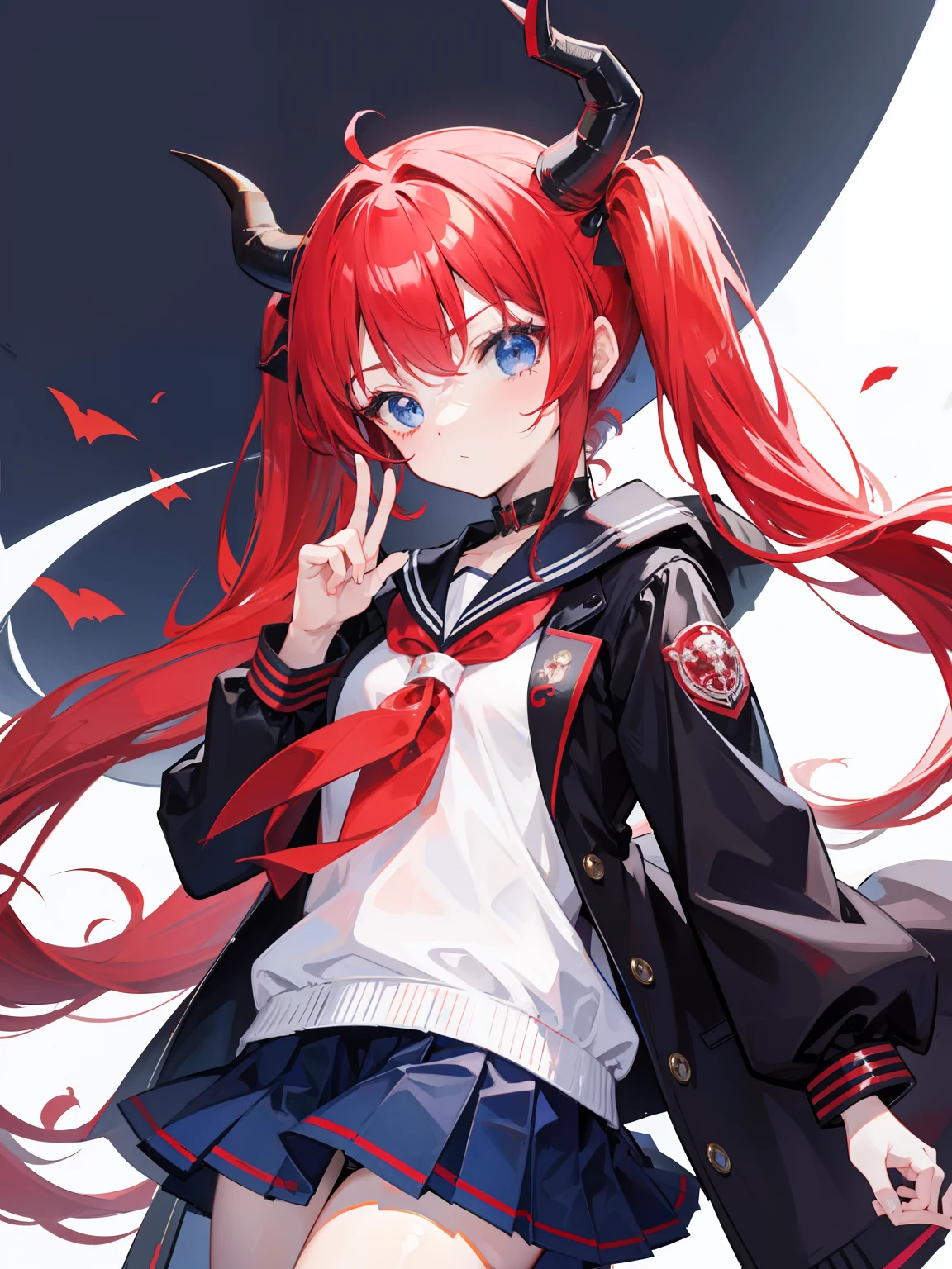 red hair, blue eyes, twintails, Sailor suit,black coat, Dragon horns,Pleated skirt,solo,loli,cute,bow
