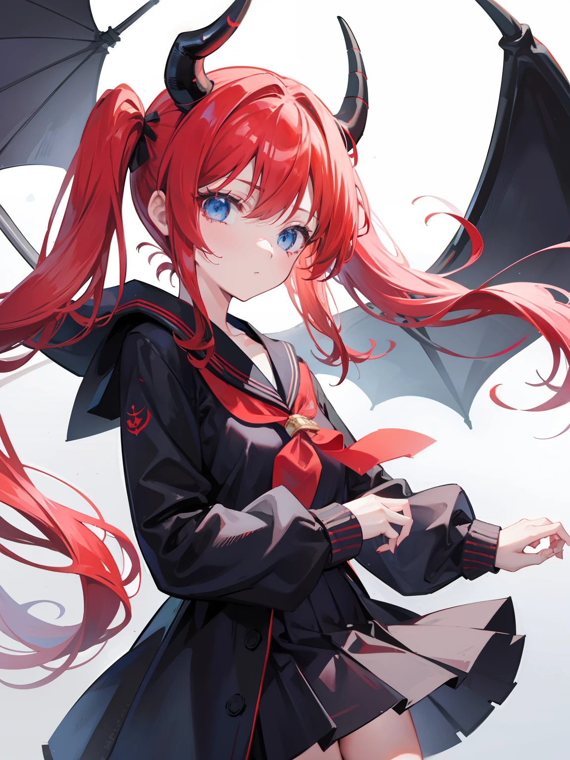 red hair, blue eyes, twintails, Sailor suit,black coat, Dragon horns,Pleated skirt,solo,li,cute,bow