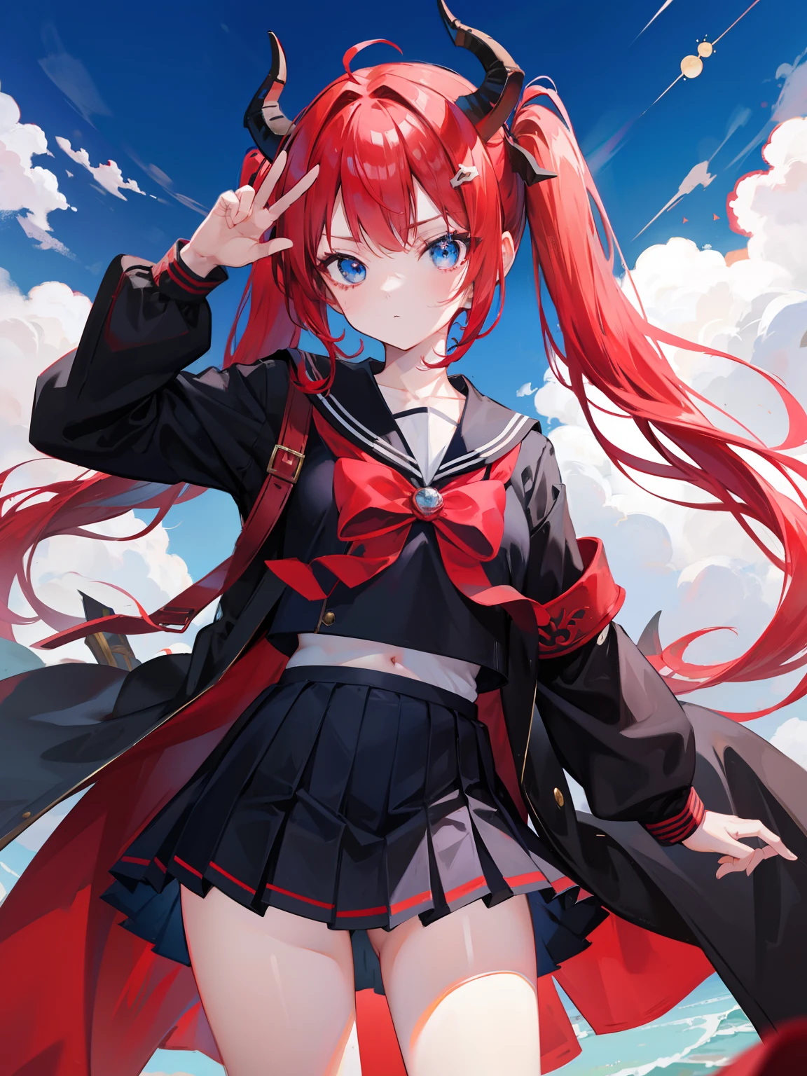 red hair, blue eyes, twintails, Sailor suit,black coat, Dragon horns,Pleated skirt,solo,loli,cute,bow