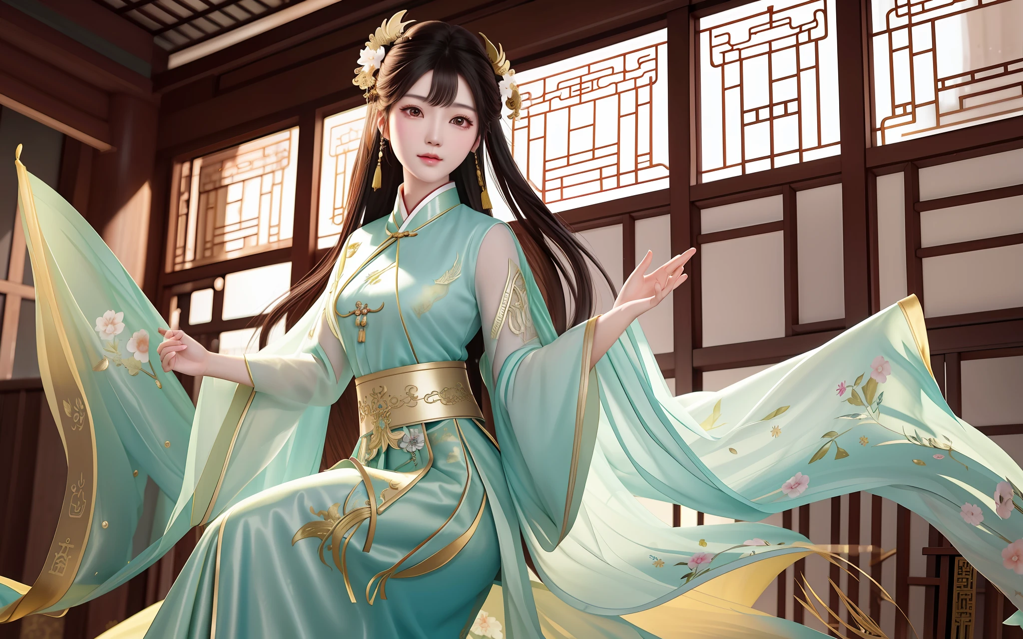 Two Asian women dressed in traditional costumes pose for a group photo, Ruan Jia and Artgerm, WLOP and Sakimichan, Guviz-style artwork, Guviz, ancient chinese beauti, transparent costume, Wearing ancient Chinese clothes, Artgerm and Ruan Jia, Hanfu, beautiful gemini twins portrait, trending on cgstation