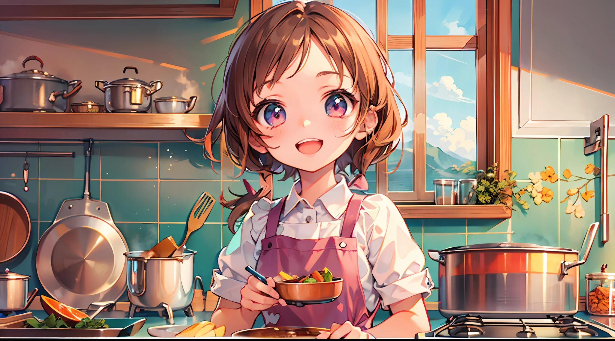 Masterpiece, top quality, super detailed CG, intricate details:1.5), 8k wallpapers, elaborate features,
 perfect cartoon illustration, 1 girl, cute face, smiling, apron, kitchen, cooking, pot, back view, full body illustration.