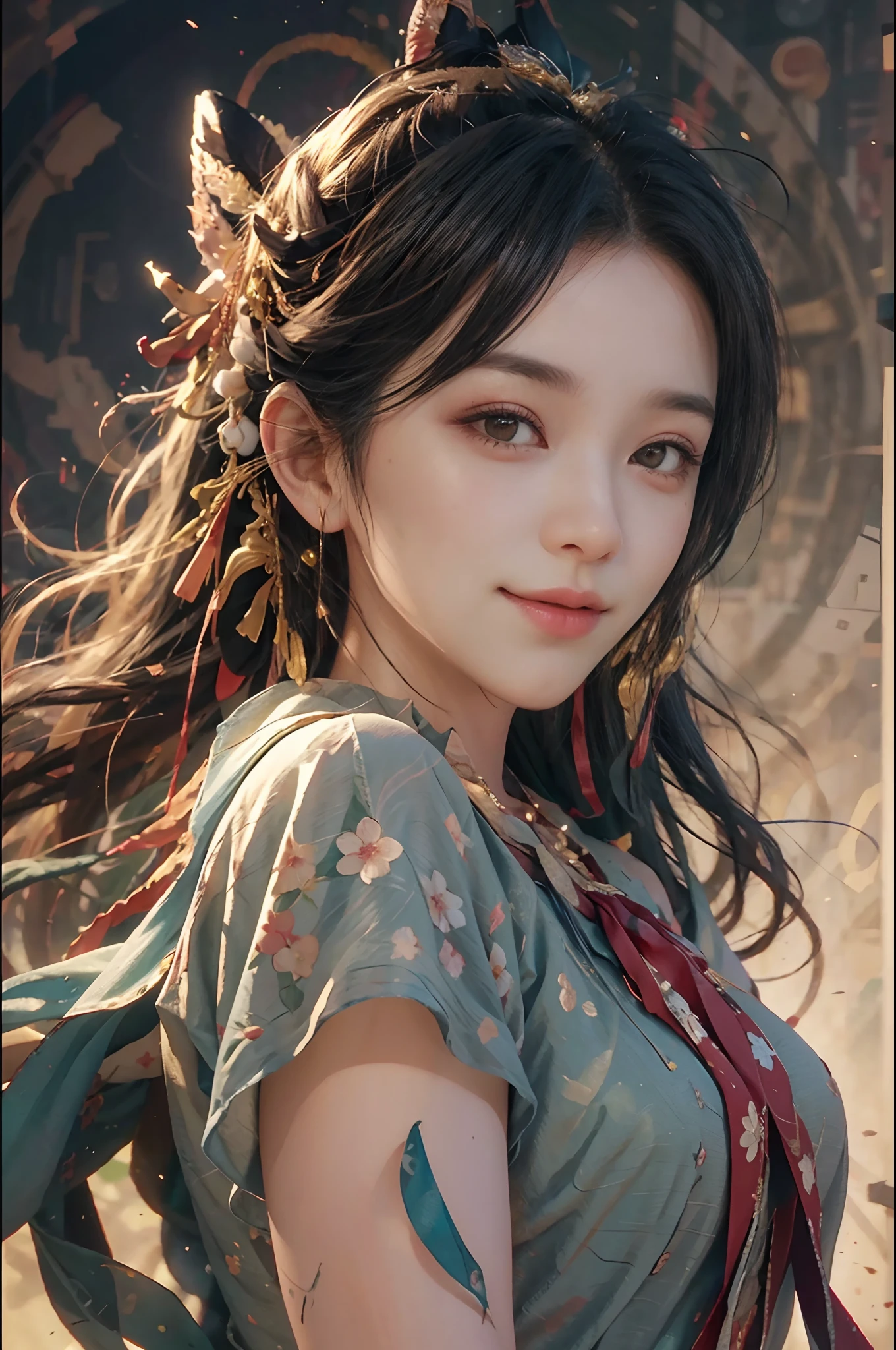 (RAW Photo, Best Quality), (Realistic, Photorealistic Photo: 1.3), Best Quality, Highly Detailed, Masterpiece, Ultra Detailed, Illustration, 1girl, upper_body, Dynamic Angle, World Mastery Theater, messy_long_hair, Best Quality, Extremely Detailed CG Unified 8k Wallpaper, Ink, Amazing, Movie Lights, lens_flare, dunhuang_style, Flyby, Edge Light, Cute Smile