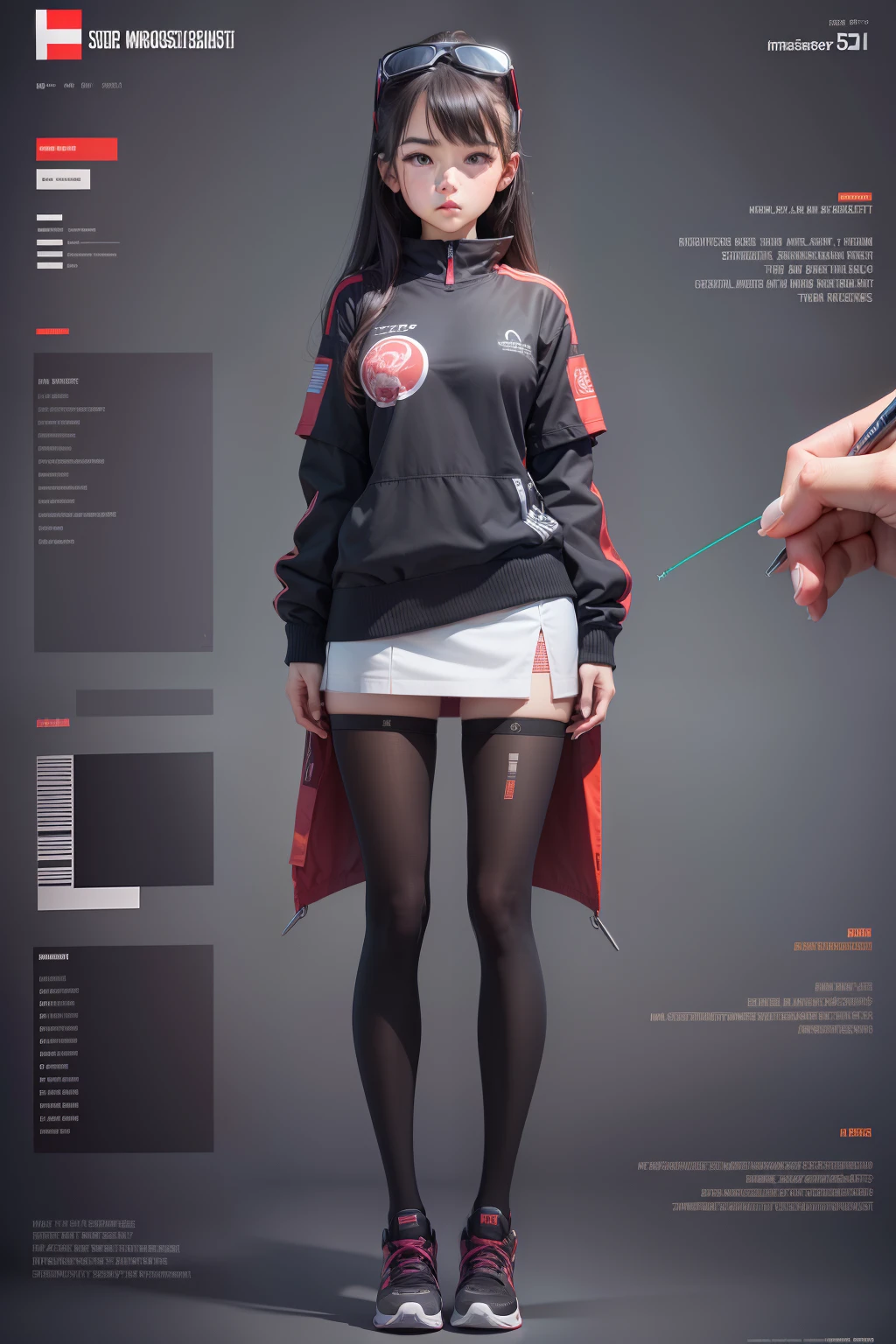 masterpiece, best quality, 1girl,highres, absurdres, full body,(ultra-detailed:1.1025), (illustration:1.1025), (infographic:1.1025), patent drawings, physical measurement, (all clothes configuration:1.1025), stationery, (solo:1.1025),standing, cohesive background, 5 fingers in hands, character sheet,