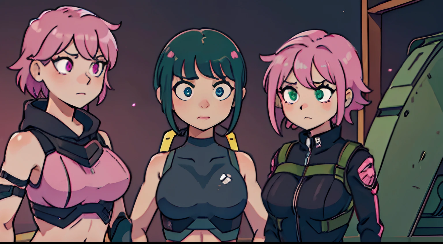 Group of 4 Military gear pink hair pink eyes breast short black and green hair (somtimes bangs), and then black suit gear group sex nude