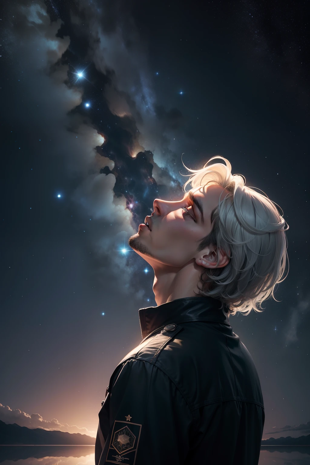 Man looking at the starry sky, refletindo sobre a vida, apenas o rosto muito detalhado, Kinematic