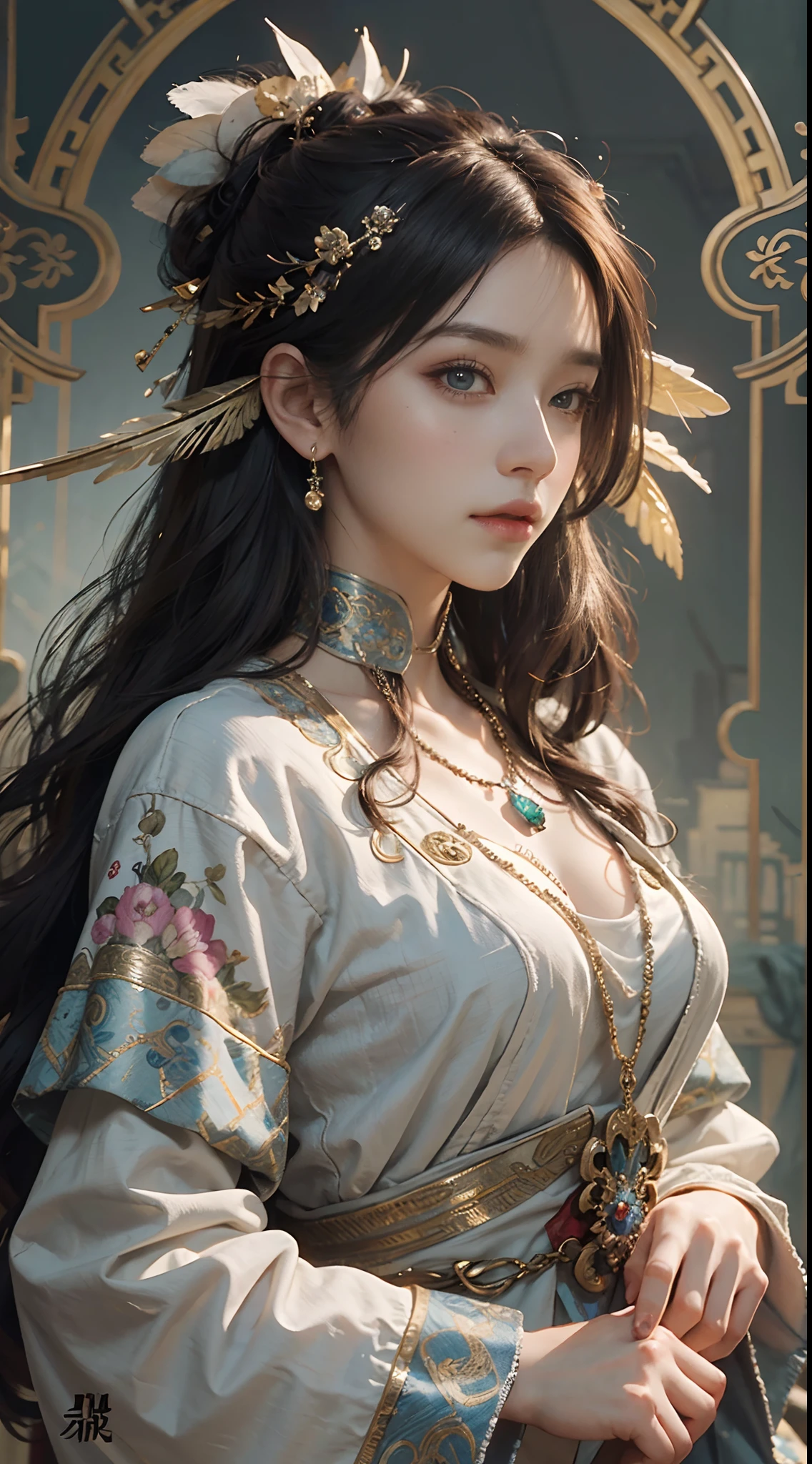 High quality, masterpiece, masterpiece, exquisite facial features, exquisite hair, exquisite eyes, exquisite color hair, 4K picture quality, gorgeous light and shadow, Tyndall effect, halo, messy hair, young state, gorgeous scene, exquisite clothes, chains, feathers, ancient chinese beauty with big eyes very detailed, digital painting, artstation, concept art, sharp focus, illustration, art by greg rutkowski and alphonse mucha and victo ngai