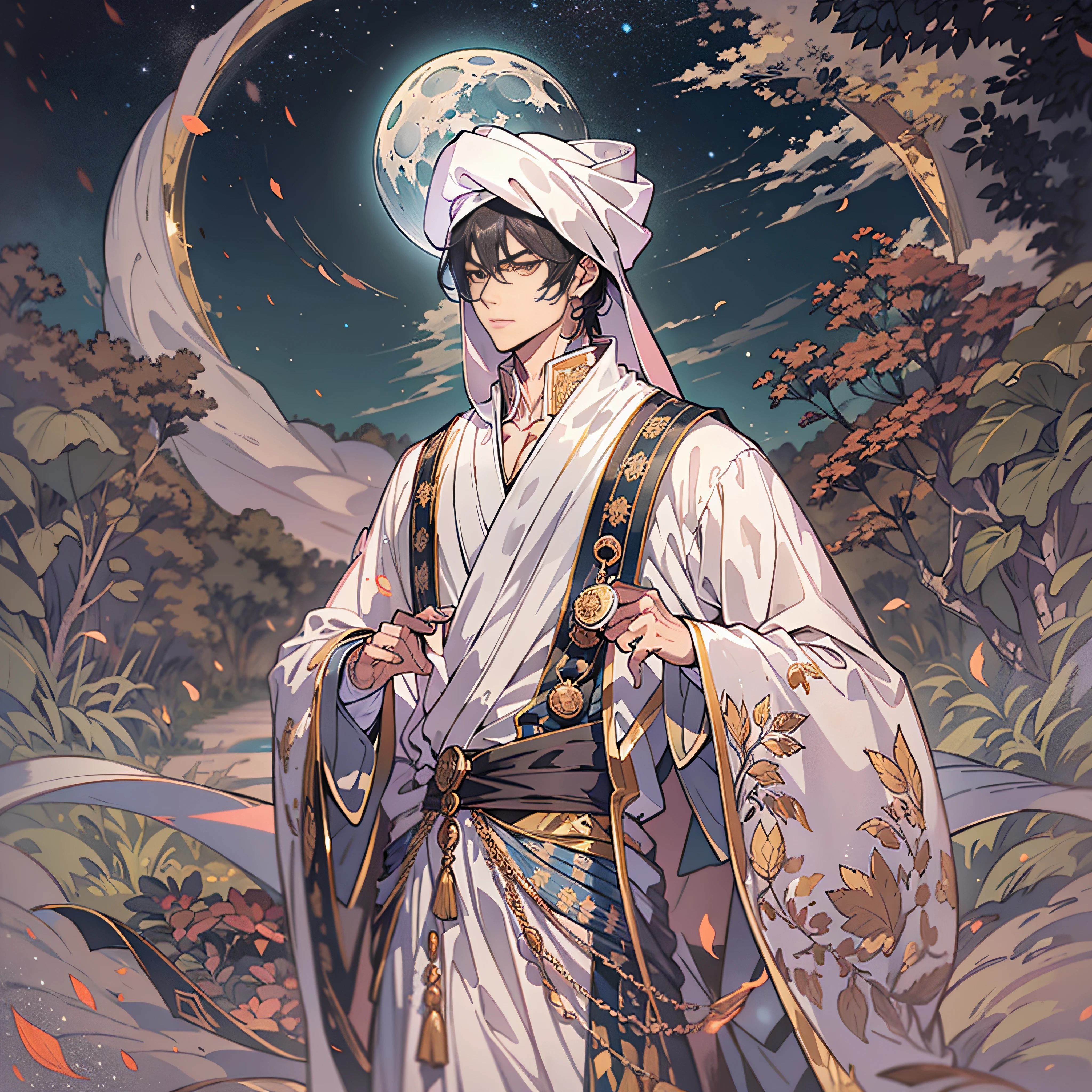 themoon, optic, fanciful,It was dark,storming,salama,The figure stands front-on,in a panoramic view,A man with a fan in his hand,Magnificent and magnificent,There is domineering between the eyebrows,long white robe, Manhwa Style,
