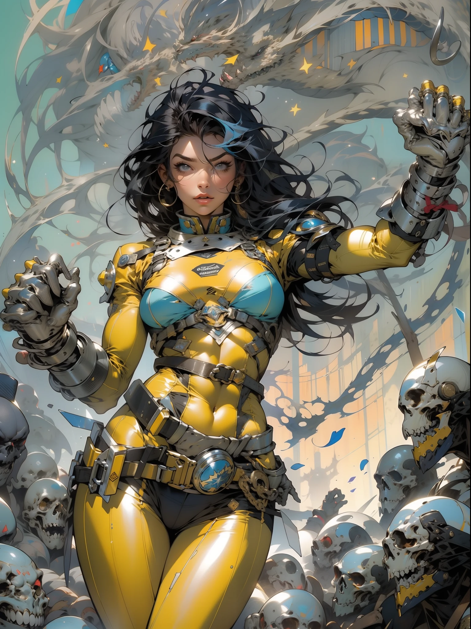 (((mulher))), (((melhor qualidade))), (((obra prima))), (((adulta))), Uma guerreira mulher de 35 s com corpo perfeito, Brooklyn Gladiators, hand with steel gloves and metal tips, (( under boo, quase nua no estilo selvagem urbano de Simon Bisley para a capa da revista Heavy Metal, bionic hand, cabelo moicano colorido, Minimum clothing, armadura (azul escuro com estrelas brancas e vermelho com listras brancas), cheio de pontas e rebites manchadas de tinta, tatuagem de estrelas de 5 pontas, (((corpo inteiro))), cabelo preto curto com franja branca cobrindo a testa