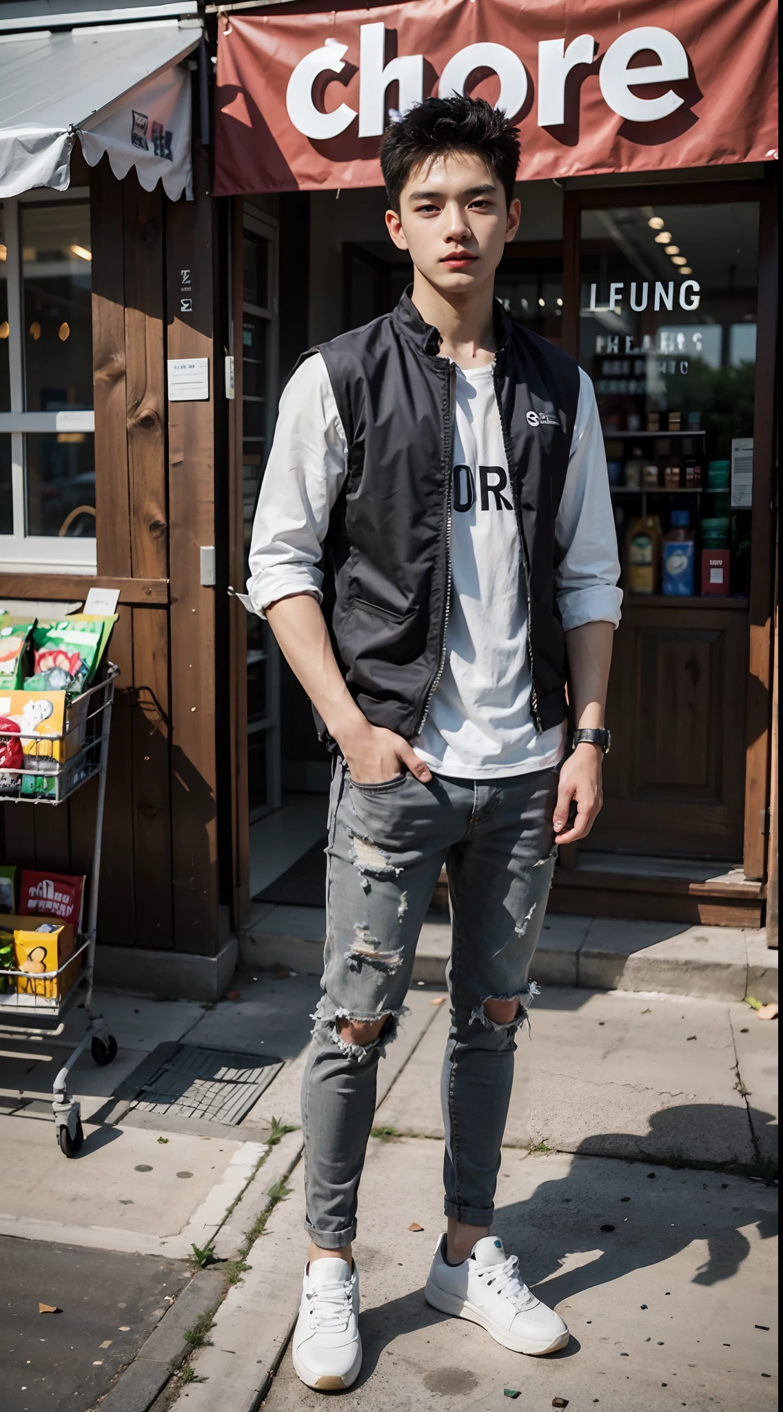 Best quality images， 超高分辨率， photo-realistic， tmasterpiece， Large supermarket in the background，The background is clear，25-year-old boy， Young person ，a variety of poses，Fair skin，grey vest，Trendy outfit， looks into camera， sface focus，full body detailing，