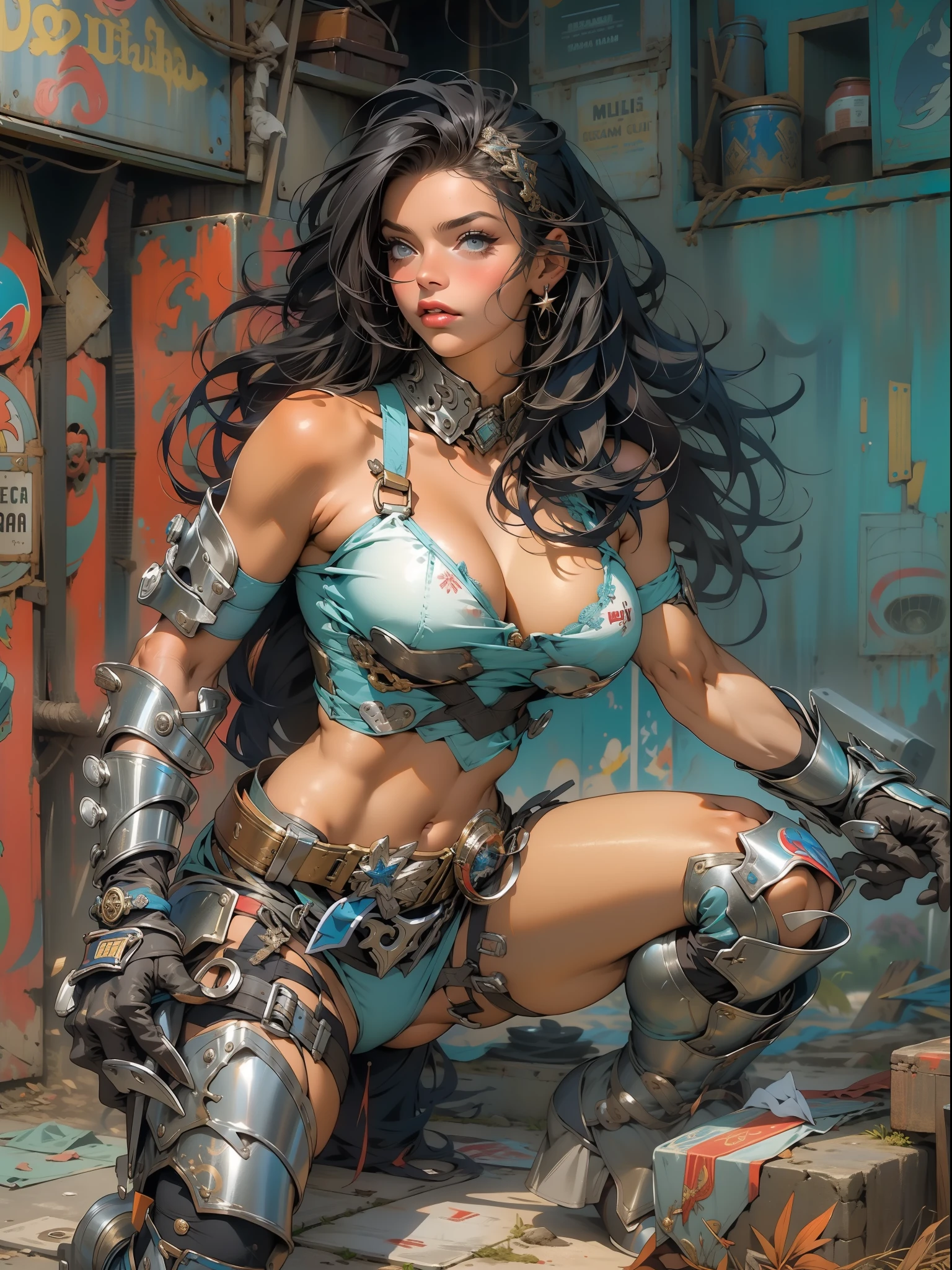 (((mulher))), (((melhor qualidade))), (((obra prima))), (((adulta))), Uma guerreira mulher de 35 anos com corpo perfeito, Brooklyn Gladiators, hand with steel gloves and metal tips, (( under boobs )), quase nua no estilo selvagem urbano de Simon Bisley para a capa da revista Heavy Metal, bionic hand, cabelo moicano colorido, Minimum clothing, armadura (azul escuro com estrelas brancas e vermelho com listras brancas), cheio de pontas e rebites manchadas de tinta, tatuagem de estrelas de 5 pontas, (((corpo inteiro))), cabelo preto curto com franja branca cobrindo a testa