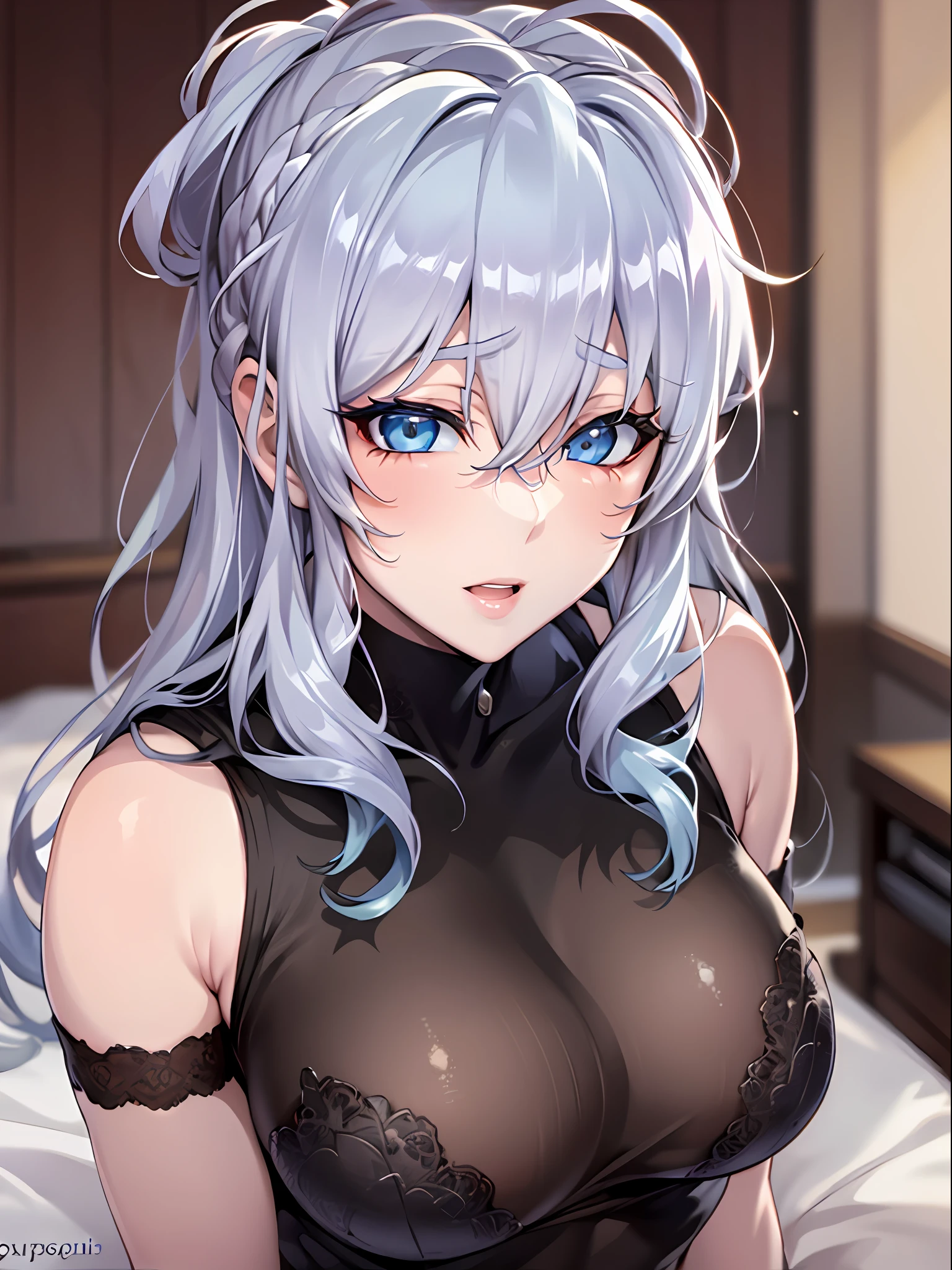 Best quality, 8k, in bed, silver hair, black shirt and no bra, anime visual of a cute girl, cute expressive face, still from anime, hard breast, lustful face