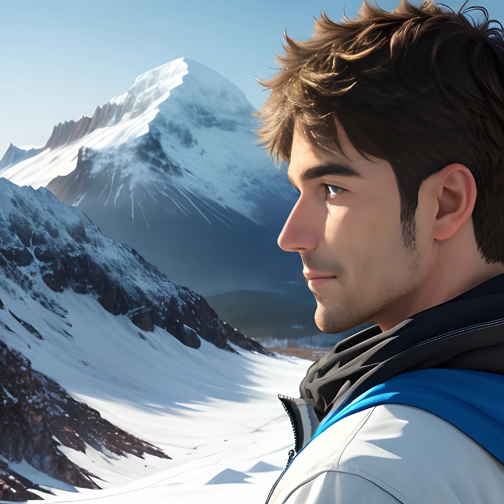 An adult male looks at a snowy mountain