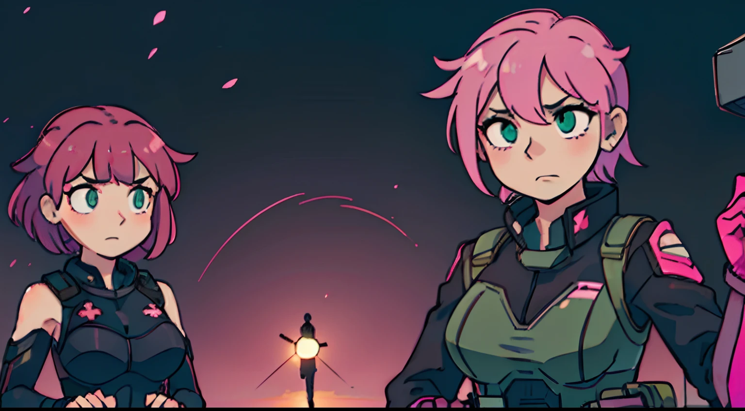 Group of 4 Military gear pink hair pink eyes breast short black and green hair (somtimes bangs), and then black suit gear group sex nude