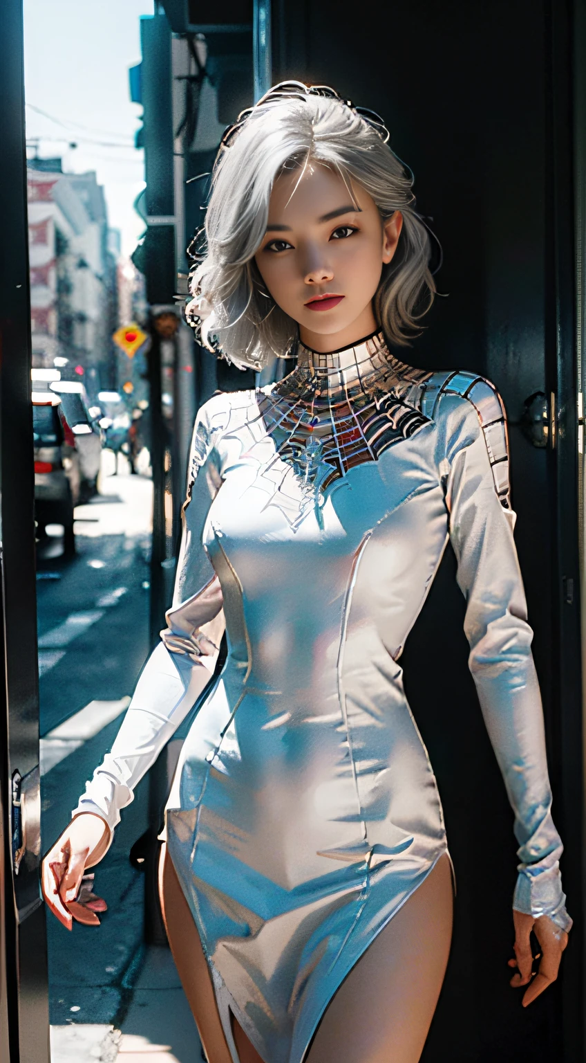 (Extreme Detail CG Unity 8K Wallpapers，tmasterpiece，Highest image quality)，(Delicate light and shadow，The picture is highly dramatic，Cinematic lens effect)，full bodyesbian，A girl in a short white Spider-Man dress，Silver-gray hair color，From the Spider-Man parallel universe，Wenger，Marvel，Spidey，dynamicposes)，(Exceptional detail，The lighting effect is outstanding，Vista wide angle)，(Excellent rendering，Enough to stand out from the crowd)，The focus is on the white Spider-Man costume，Complex spider textures