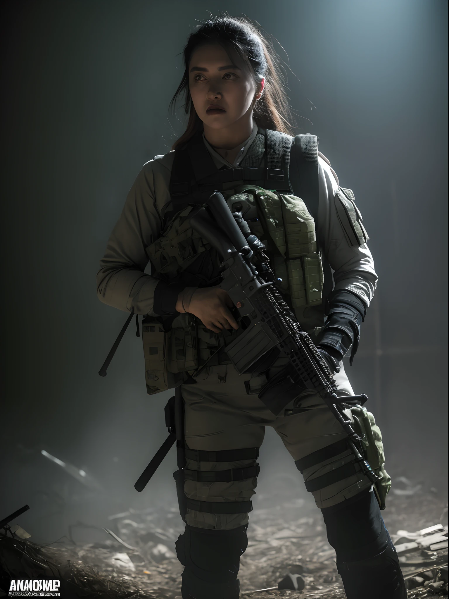 absurdres, highres, ultra detailed, cowboy shot, solo, front view, cinematic lighting,
AK15, ak15armor, standing, holding assault rifle,  serious, (((muscular))), rubble, ruin, war, patrol, stand-to, millitary action, looking at viewer, glowing mechanical purple eyes, ((fighting stance)), green fog, return blood, Deepika