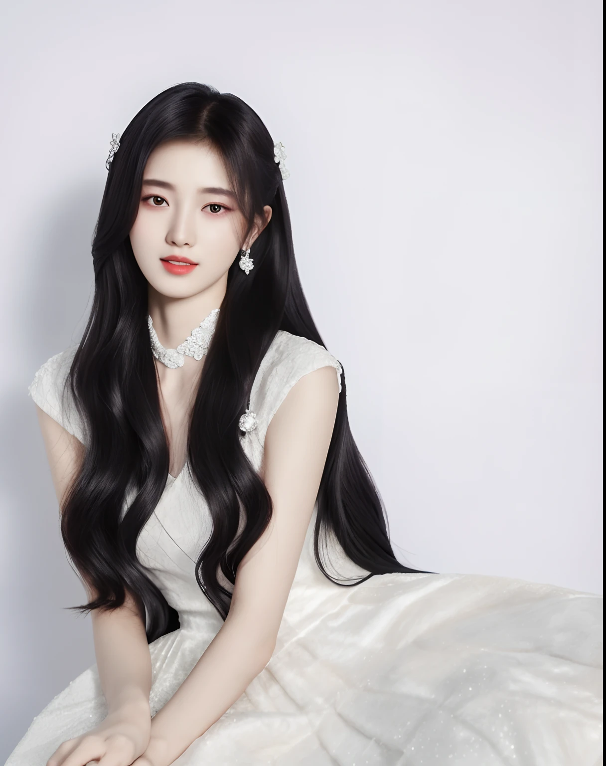 jujingyi, Solo style, 1 beautiful girl, Dreamy long and fleshy hair, White luxury dress, Looking Up The Sky, Bright light, Pure white background.