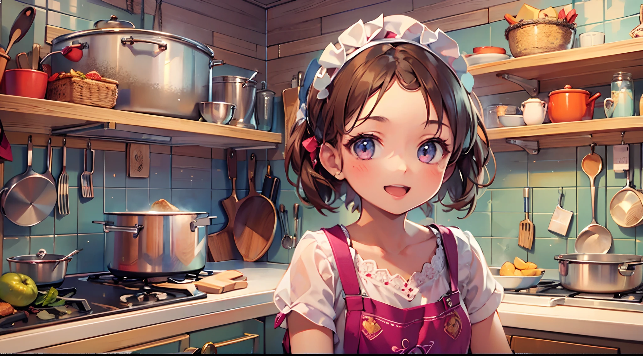Masterpiece, top quality, super detailed CG, intricate details:1.5), 8k wallpapers, elaborate features,
perfect cartoon illustration, 1 girl, beautiful face, smiling, apron, kitchen, cooking, pot, back view, full body illustration.