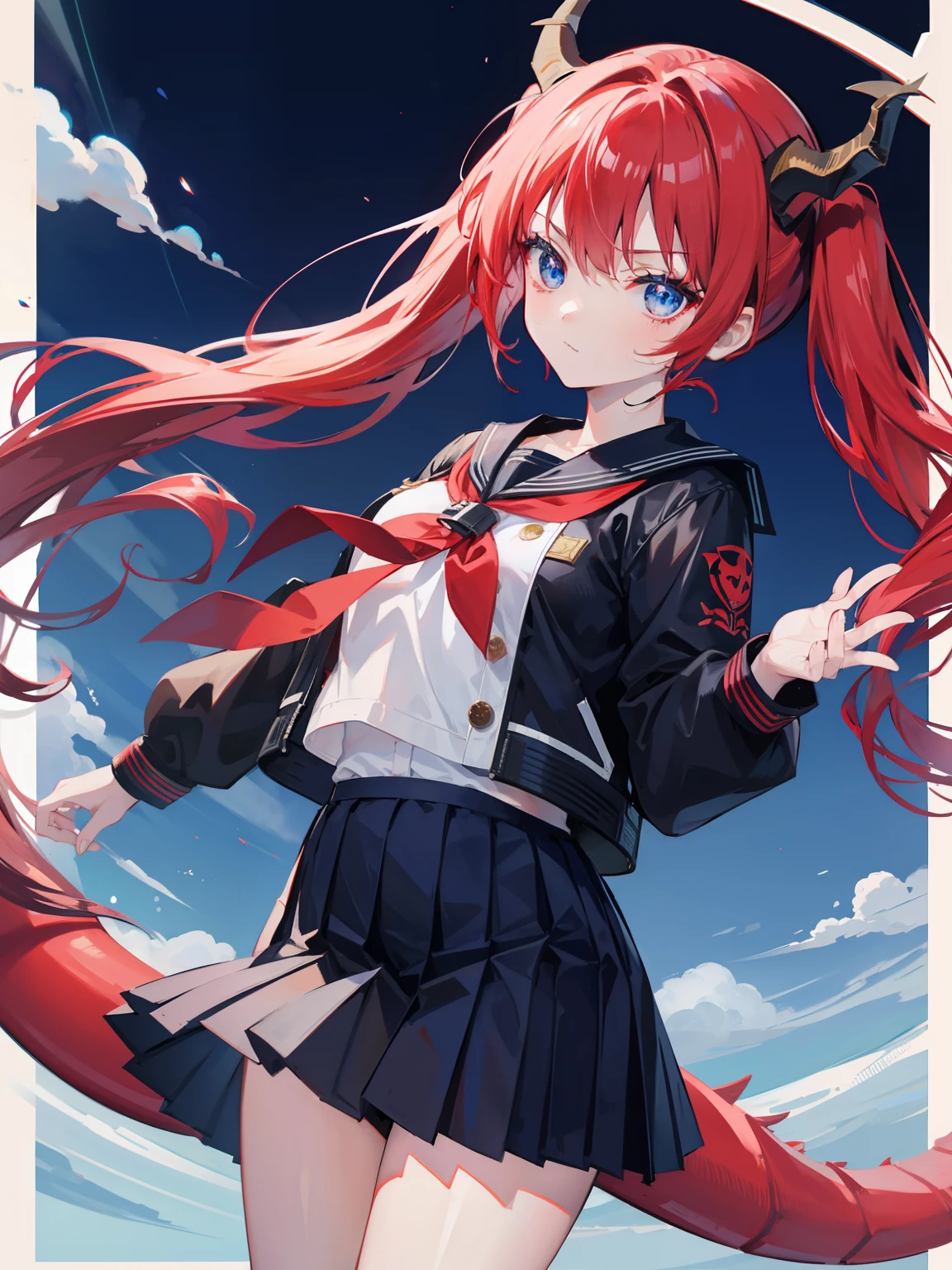 red hair, blue eyes, twintails, Sailor suit,black coat, Dragon horns,Pleated skirt,solo,,cute,bow