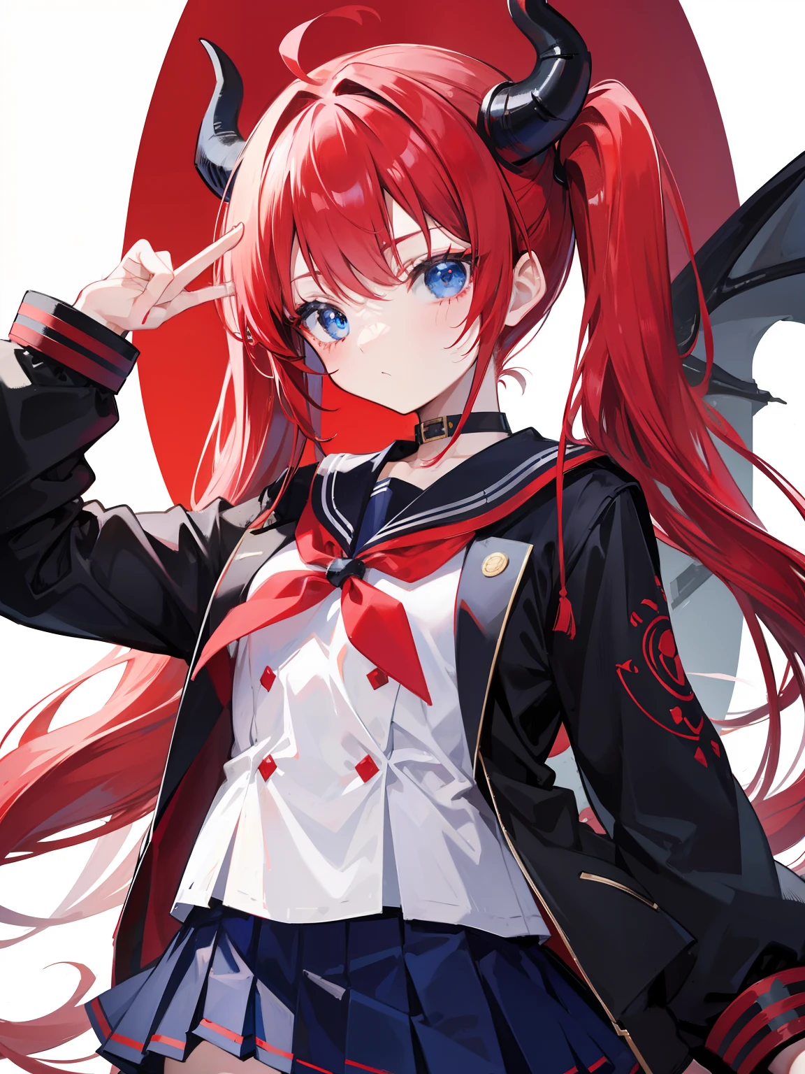 red hair, blue eyes, twintails, Sailor suit,black coat, Dragon horns,Pleated skirt,solo,li,cute,bow