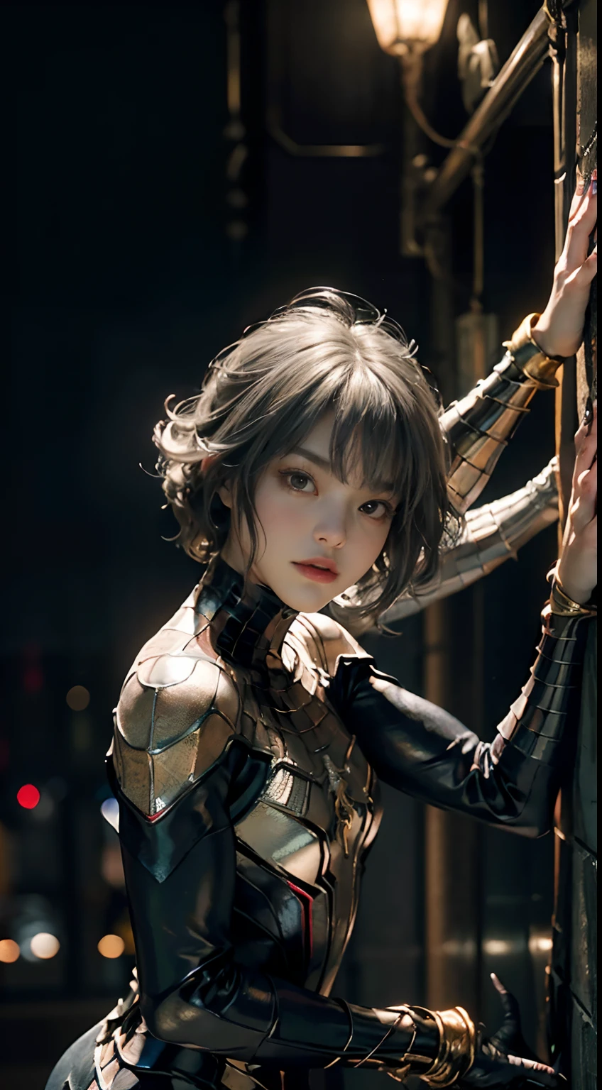 (Extreme Detail CG Unity 8K wallpaper、masterpiece、top-quality)、(exquisite lighting and shadow、highly dramatic picture、cinematic lens effects)、Cute girl in full body gold spider-man costume、Silver-gray hair color、Spider-Man Parallel Universes、Wenger、Marvel、spider-man、Dynamic and dynamic poses)、(excellent details、Outstanding lighting、wide angles)、(Excellent rendering、Enough to stand out in its class)、 White Spider-Man Costume、Focus on complex spider textures。Tokyo Tower at night in the background。The fabric of the costume is very thin、Sticks to the skin、
