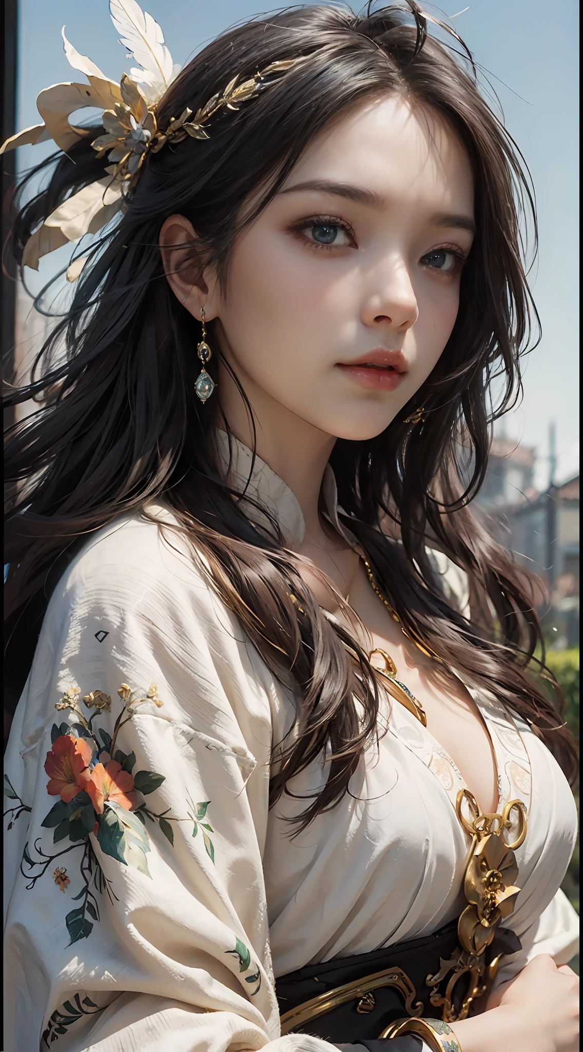 High quality, masterpiece, masterpiece, exquisite facial features, exquisite hair, exquisite eyes, exquisite color hair, 4K picture quality, gorgeous light and shadow, Tyndall effect, halo, messy hair, young state, gorgeous scene, exquisite clothes, chains, feathers, ancient chinese beauty with big eyes very detailed, digital painting, artstation, concept art, sharp focus, illustration, art by greg rutkowski and alphonse mucha and victo ngai