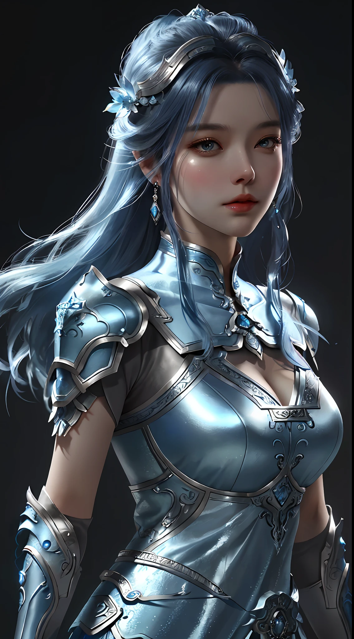 a close up of a woman in a silver and blue dress, chengwei pan on artstation, by Yang J, detailed fantasy art, stunning character art, fanart best artstation, epic exquisite character art, beautiful armor, extremely detailed artgerm, detailed digital anime art, artgerm on artstation pixiv, armor girl