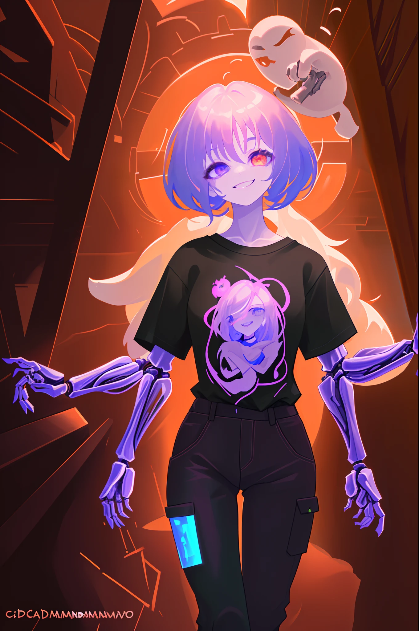 (1chica), (Machine-made joints: 1.4) ((mechanical limbs)) (mechanical arms) malvada elegante rodeada de hermosos y guapos fantasmas de vapo, ilustrador, obra maestra, alta calidad, 8k, high resolusion, Alto detalle, pelo anaranjado, pelo rosa, pants with ventilation at the waist, T-shirt with purple flame print, curvas, caderas anchas, camiseta color negra, estilo de sombreado difuminado, flamas rosadas , Chica joven, proporciones perfectas, Gothic, Science-Fiction, Perfect Anatomia, hydraulic cylinders, ojos rojos, (ojos extremadamente detallados), ojos brillosos, corte de pelo corto, vivid colors, sonrisa ;D, sonrisa amenazante, abrigo negro largo, piel clara