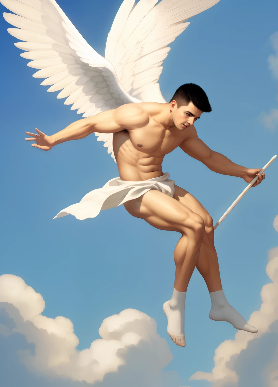 Male angel flying in the air,Slightly fat,brush cut