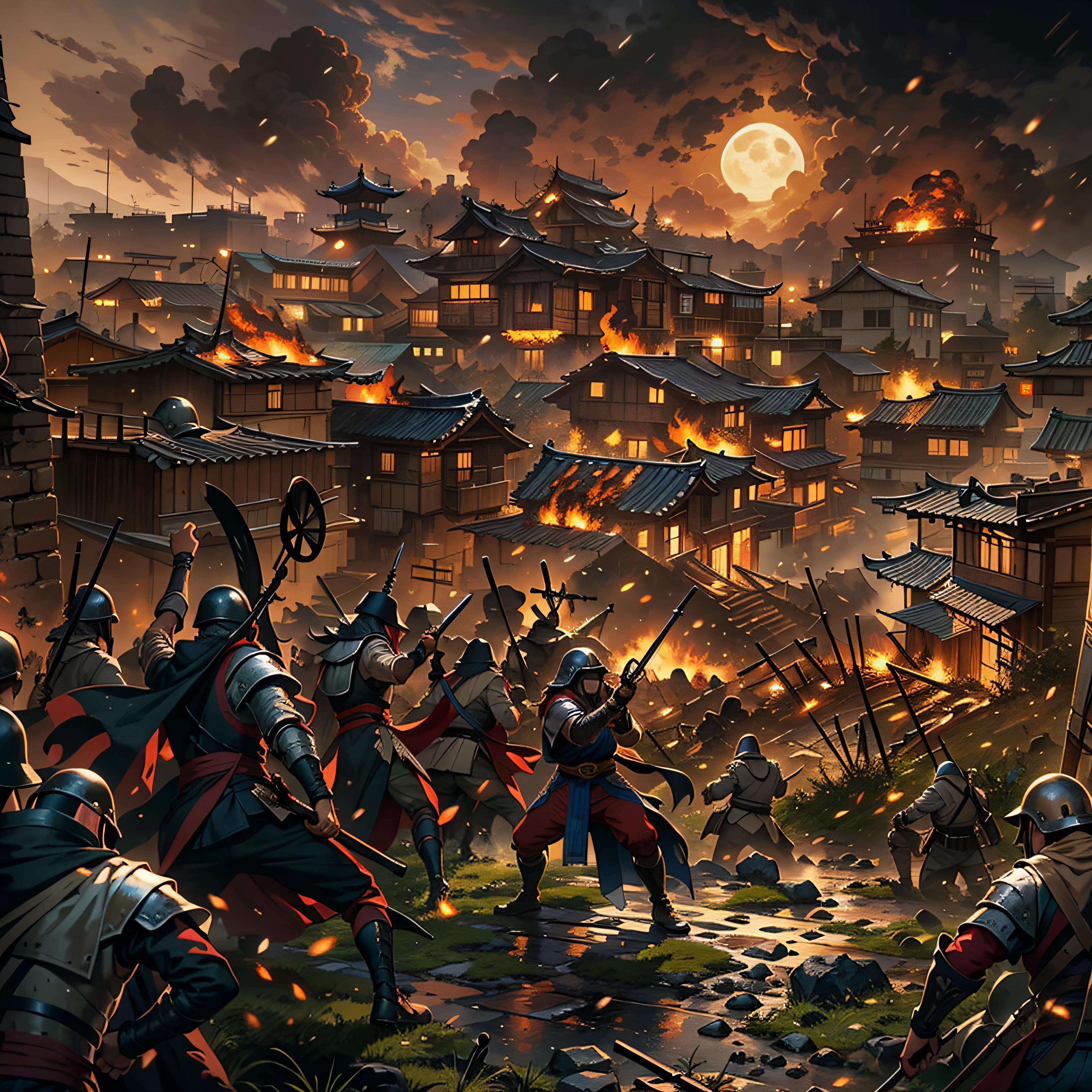 themoon, optic, fanciful,It was dark,storming,salama,in a panoramic view,Photos taken from video games in large cities with a large population, an ancient city on fire, background of invading army, Beautiful rendering of the Three Kingdoms period, The scene of the war, Background: Battle scene, invading army background, The consequences of a big war, heroic battle scene, epic battle scene, Siege
