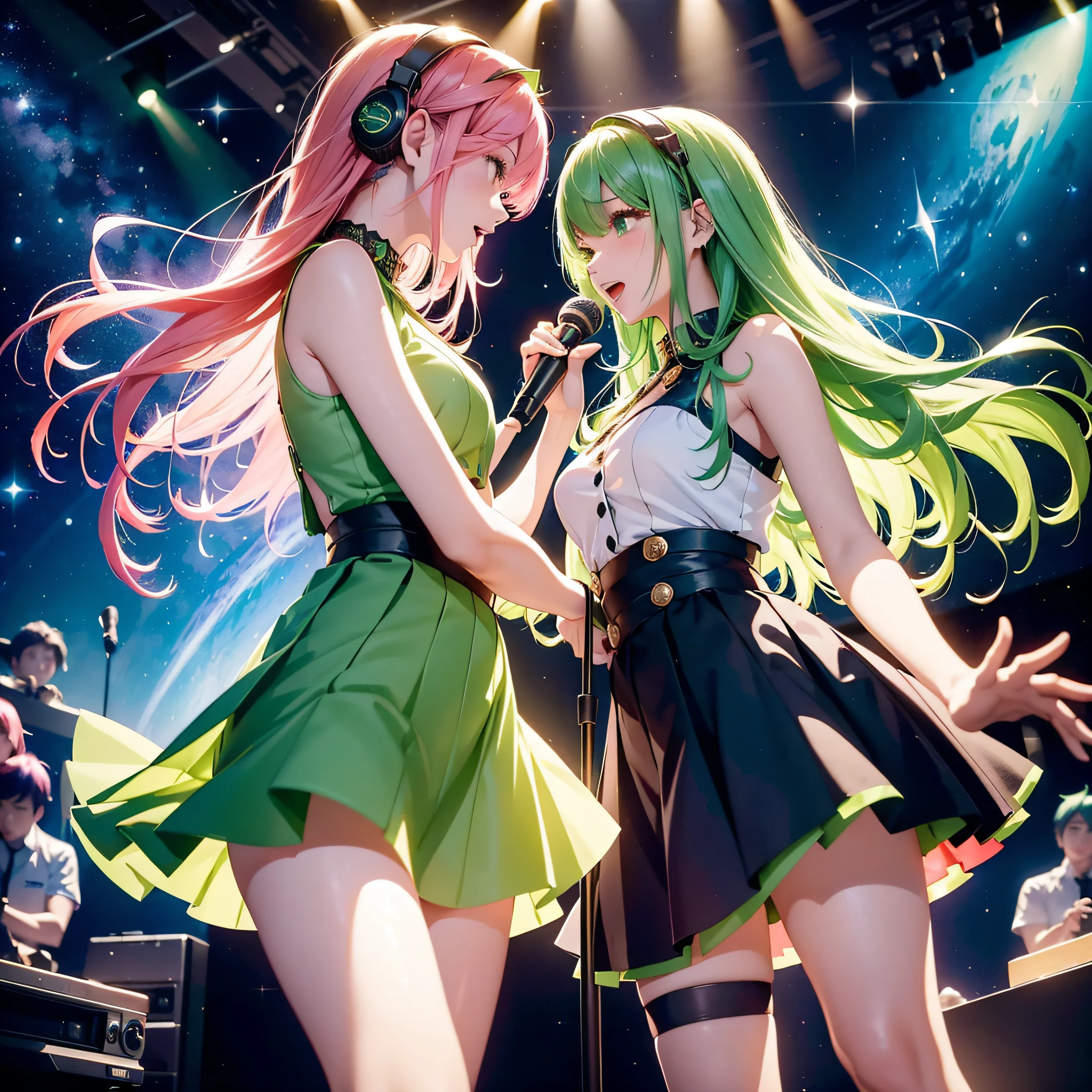 An idol singer with twin vocals and guitar of a super cute beautiful girl with green hair short and bare legs wearing a flared skirt with green hair in the background of outer space, and a beautiful beautiful woman with long pink hair and a tight skirt and black fishnet stockings2People face to face, wearing headsets, singing and dancing cheerfully、Stars of the galaxy in outer space々and shooting stars、Glittering hair ornament、Very smooth hair,detailed hairs,Very fine hairs,Young shiny hair、(Raw photography、top-quality:1.5)、(realisitic、Photorealsitic:1.5)、Masterpiece