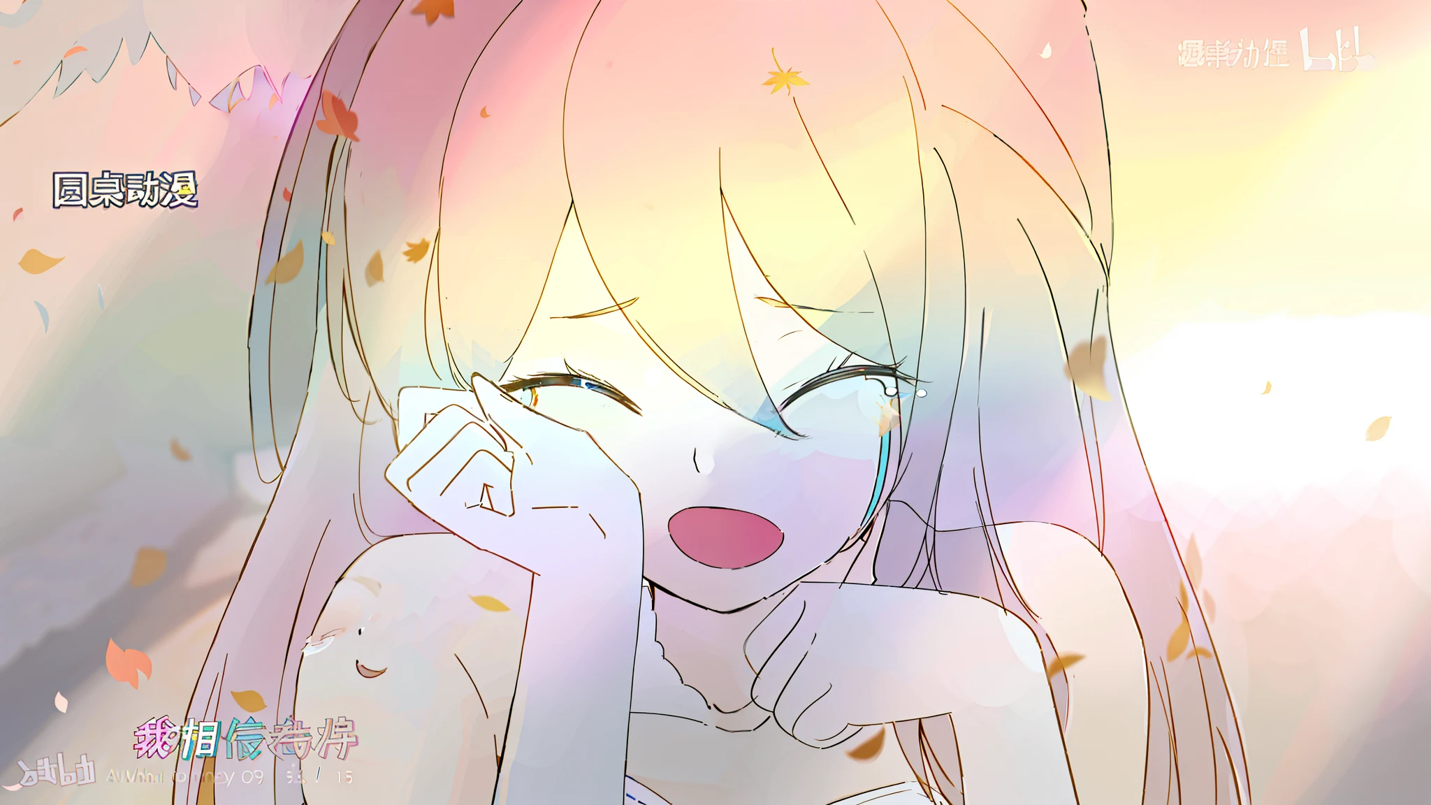 Anime girl looks at what with long hair and pink lips, dreamy psychedelic anime, Also, cheerfulness!!!, Loli, anime vibes, Sad!, awww, saori, crying many tears, crying eyes closed!, 🍁 Cute, in ryuuou no oshigoto art style, some are crying of joy, sakura petals around her, With tears