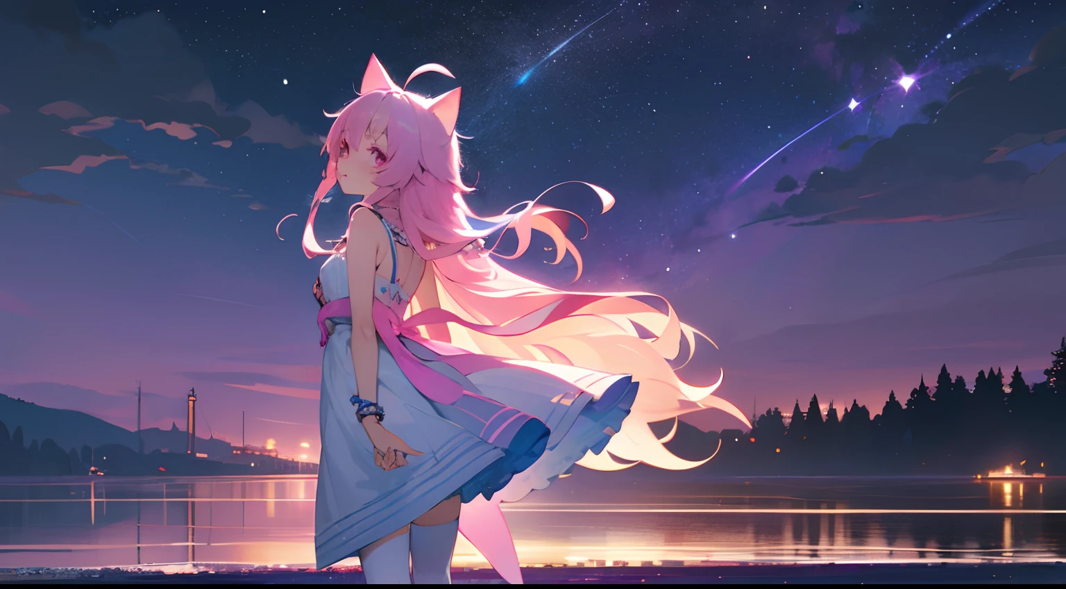 Girl, Night, stars, Little girl, (Loli), Long hair, (Pink hair), Small breasts, Masterpiece,Best quality,offcial art,Extremely detailed Cg Unity 8K wallpaper, Best quality, Masterpiece, Beautiful detailed eyes, (Pink eyes), white thighhighs, ((arms back behind )), Huge_filesize, landscape/scenery, (Colorful), intense shading, strong rimlight, Beautiful detailed sky, beautiful detailed water, (cat_hor ears), (ahoge), (alternate hair color), Striped hair, Hair down, Light purple hair, hair adornments, Hair ribbon, shairband, The barefoot,No shoes,Thin,full bodyesbian --auto