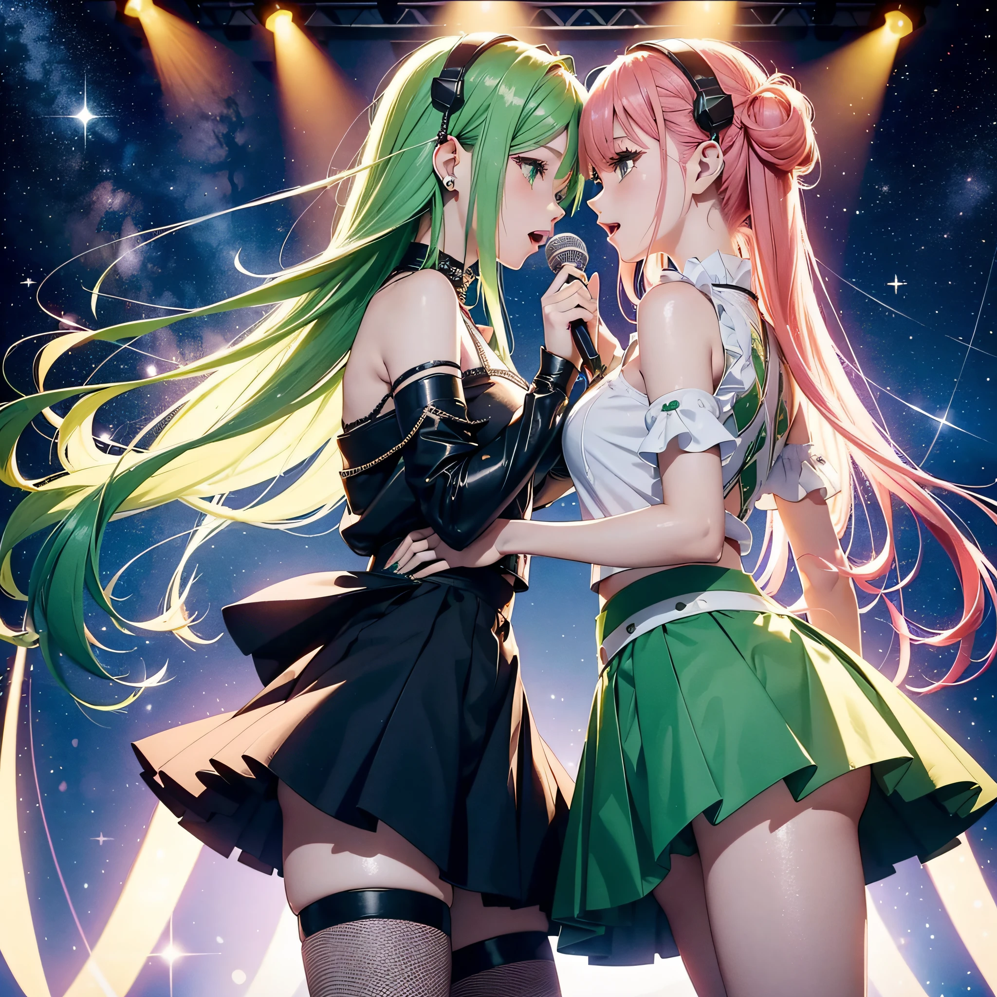 An idol singer with twin vocals and guitar of a super cute beautiful girl with green hair short and bare legs wearing a flared skirt with green hair in the background of outer space, and a beautiful beautiful woman with long pink hair and a tight skirt and black fishnet stockings2People face to face, wearing headsets, singing and dancing cheerfully、Stars of the galaxy in outer space々and shooting stars、Glittering hair ornament、Very smooth hair,detailed hairs,Very fine hairs,Young shiny hair、(Raw photography、top-quality:1.5)、(realisitic、Photorealsitic:1.5)、Masterpiece