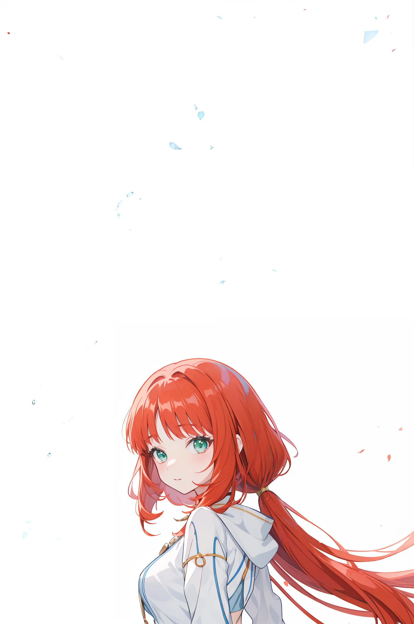 anime girl with long red hair and blue-green eyes standing in front of a white background, anime visual of a cute girl, 4 k manga wallpaper, made with anime painter studio, render of april, crisp clear rpg portrait, digital anime illustration, portrait of cute anime girl, anime art wallpaper 8 k, portrait anime girl, sayori, official character art, (anime girl), water particle in background
