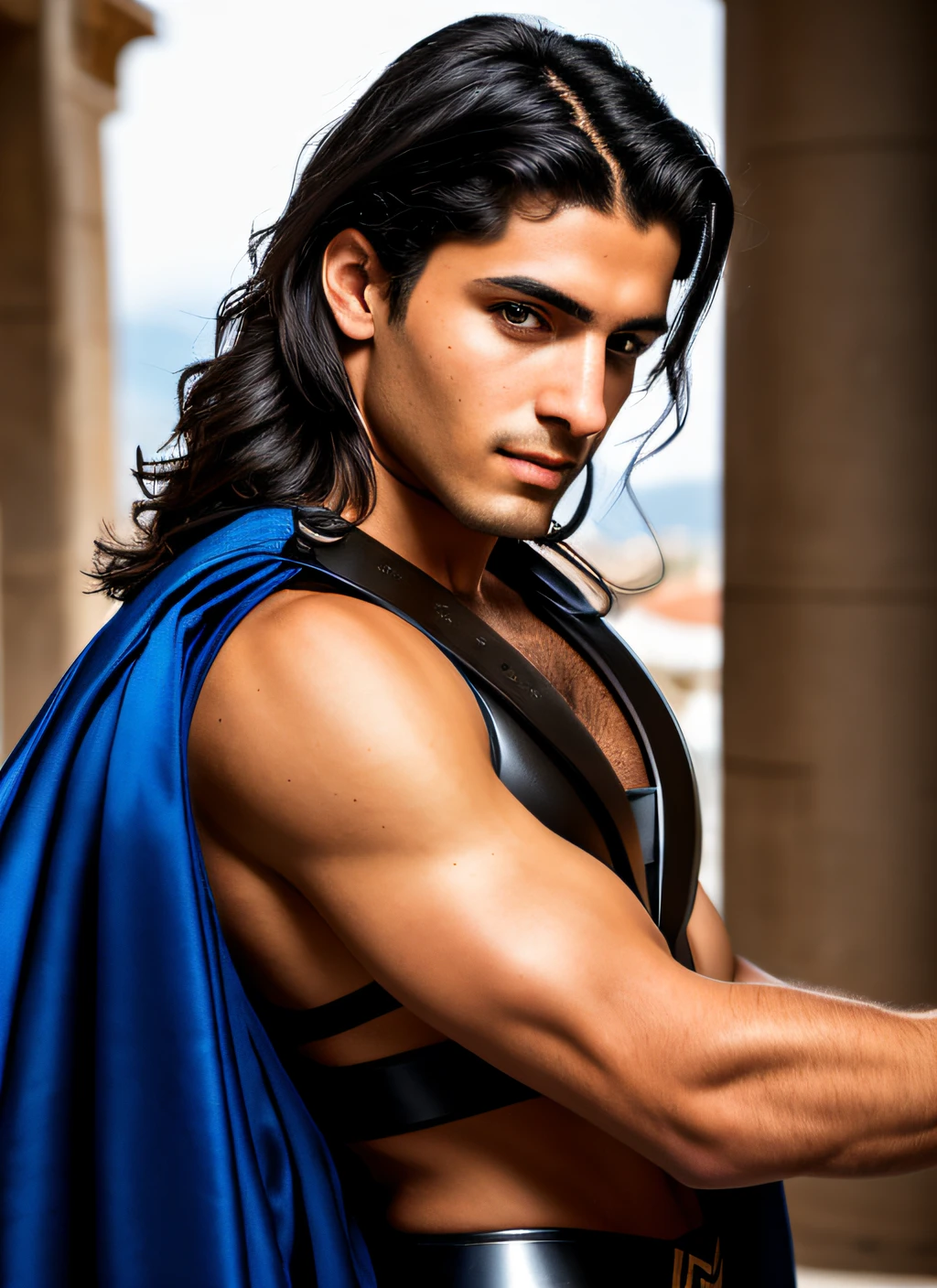 (Beautiful Dark Hair from Brazil Disney Prince, Blue Eyes, Striking Highlights and Base Face, Olive White Skin, Tan Skin. Greek Demigod Warrior A1.2), Black and Blue Roman Warrior Costume, Hiperdetallado, Ultra Sharp, 8k , (Incredibly Detailed : 1.5), Full Body Photography by IRO, 20 Megapixels, Canon E OS R3, Fully Detailed, Greek Demigod