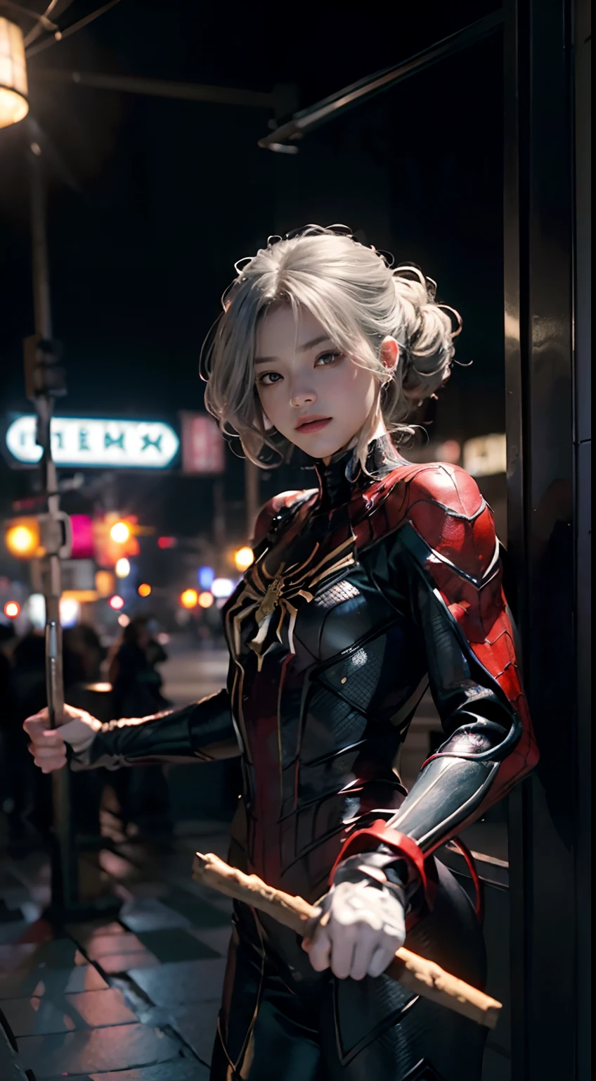 (Extreme Detail CG Unity 8K wallpaper、masterpiece、top-quality)、(exquisite lighting and shadow、highly dramatic picture、cinematic lens effects)、e girl in full body gold spider-man costume、Silver-gray hair color、Spider-Man Parallel Universes、Wenger、Marvel、spider-man、Dynamic and dynamic poses)、(excellent details、Outstanding lighting、wide angles)、(Excellent rendering、Enough to stand out in its class)、 White Spider-Man Costume、Focus on complex spider textures。Tokyo Tower at night in the background。The fabric of the costume is very thin、Sticks to the skin、