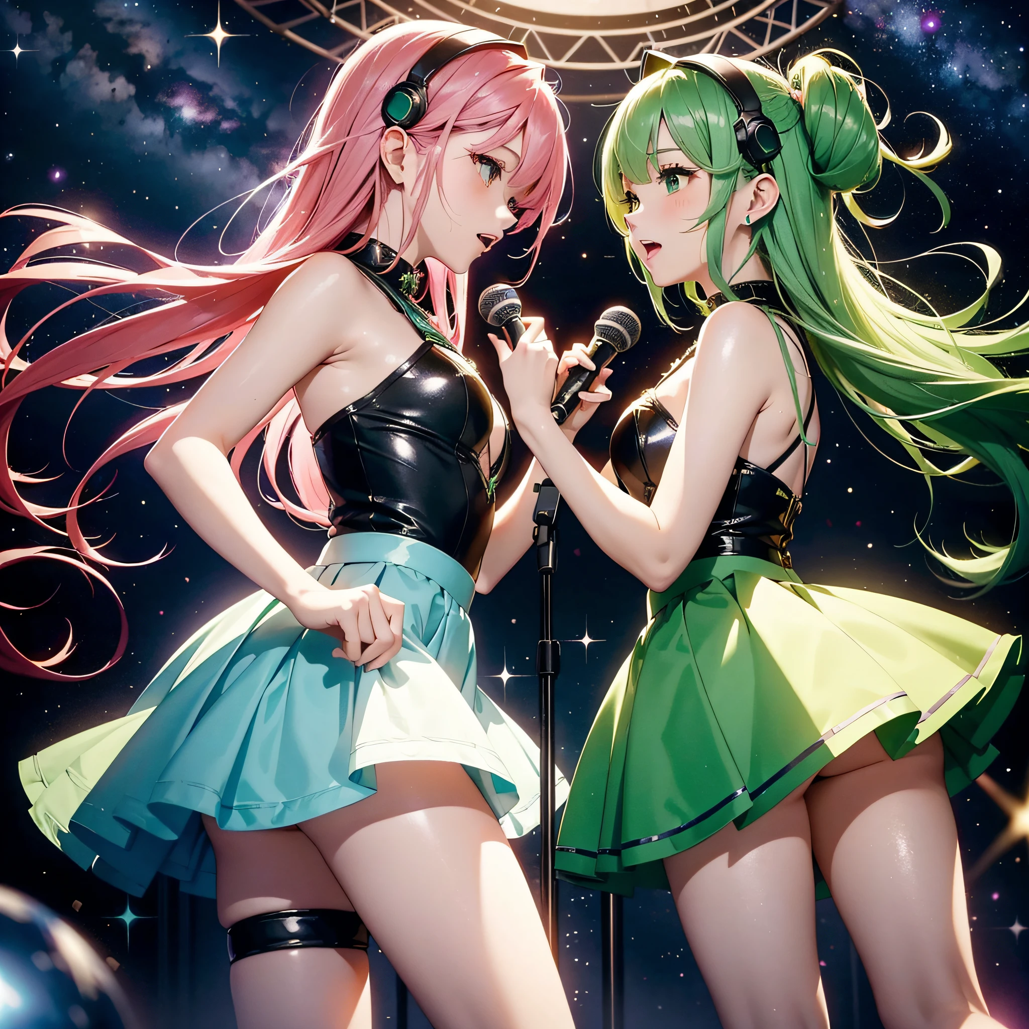 An idol singer with twin vocals and guitar of a super cute beautiful girl with green hair short and bare legs wearing a flared skirt with green hair in the background of outer space, and a beautiful beautiful woman with long pink hair and a tight skirt and black fishnet stockings2People face to face, wearing headsets, singing and dancing cheerfully、Stars of the galaxy in outer space々and shooting stars、Glittering hair ornament、Very smooth hair,detailed hairs,Very fine hairs,Young shiny hair、(Raw photography、top-quality:1.5)、(realisitic、Photorealsitic:1.5)、Masterpiece